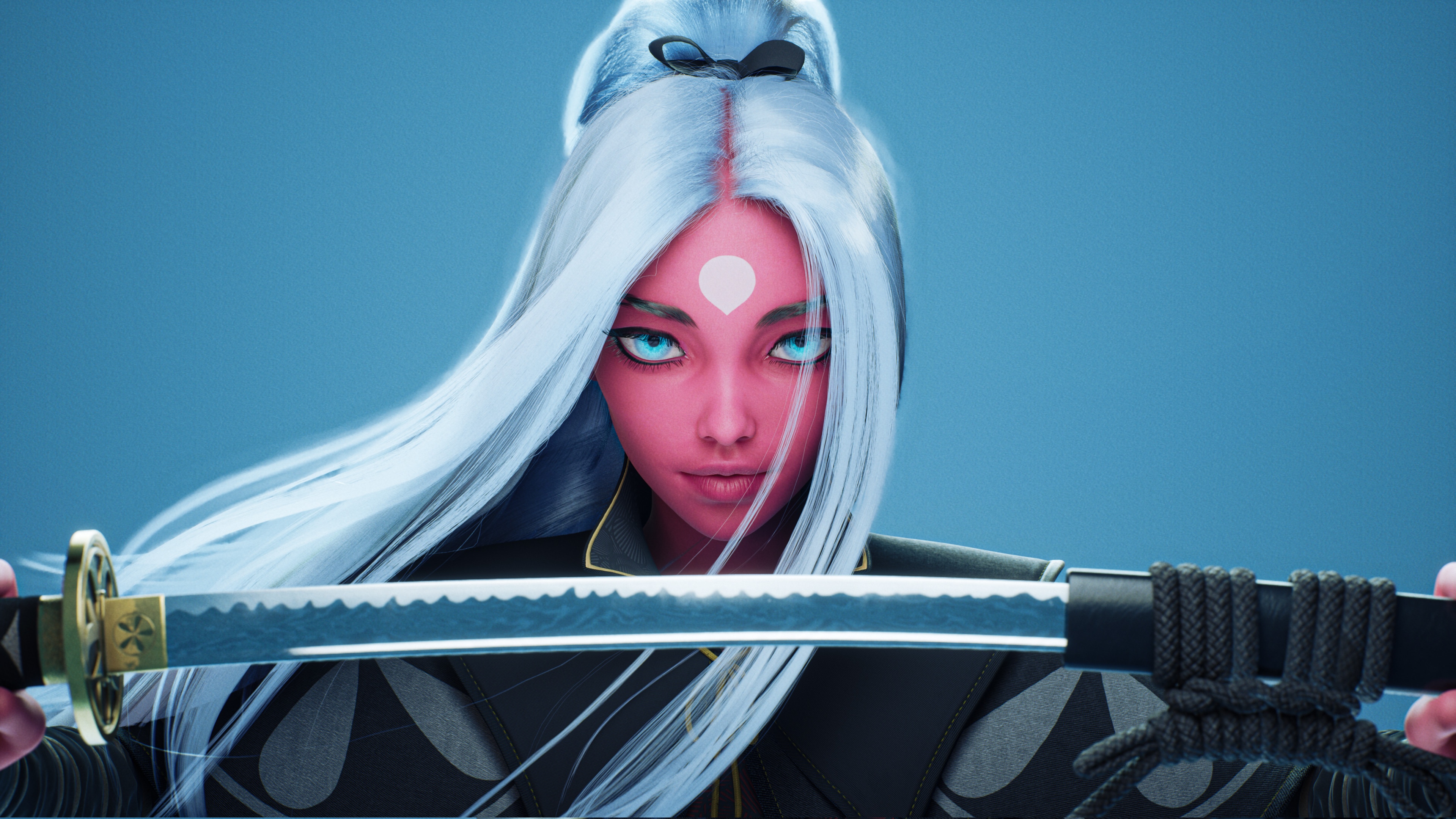 Fantasy girl with katana and blue eyes HD Wallpaper