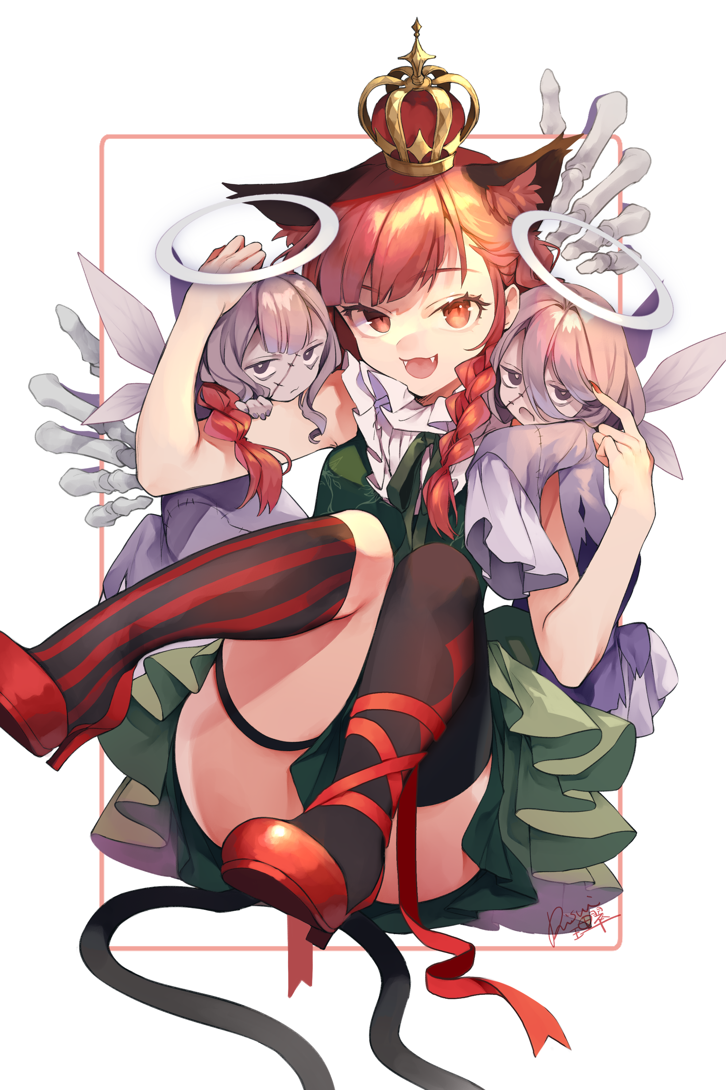 Kaenbyou Rin with two fairy-like companions HD Phone Wallpaper