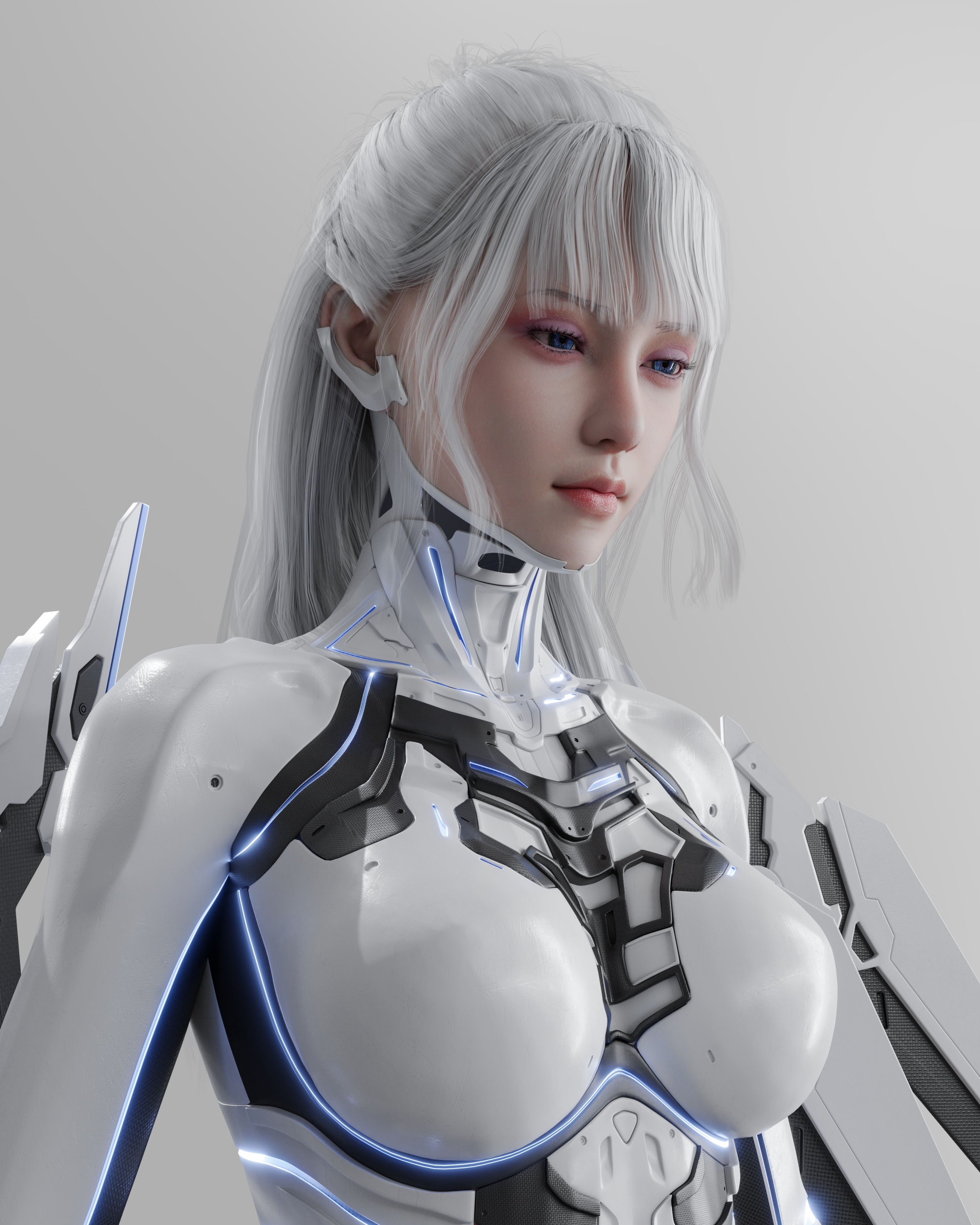 Cyberpunk woman in white armor with neon accents HD Phone Wallpaper