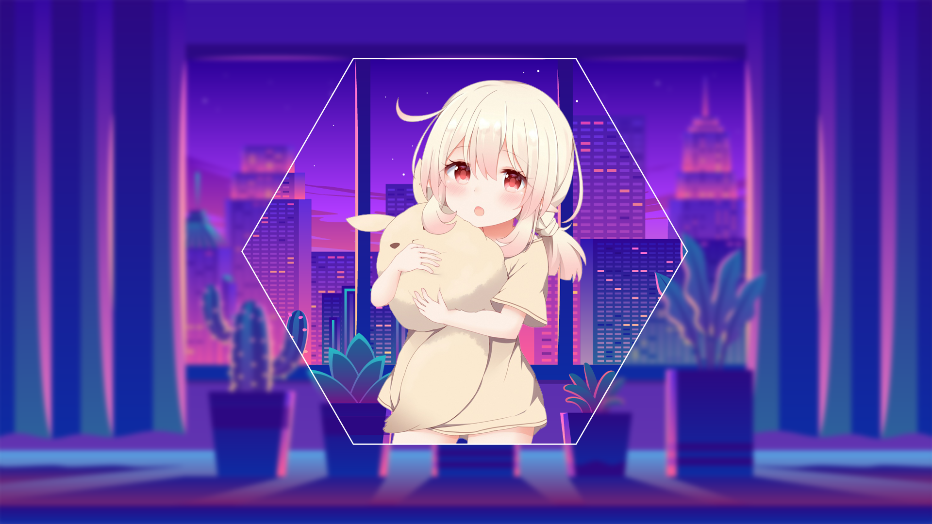 Anime girl holding a plush toy in front of a city skyline HD Wallpaper