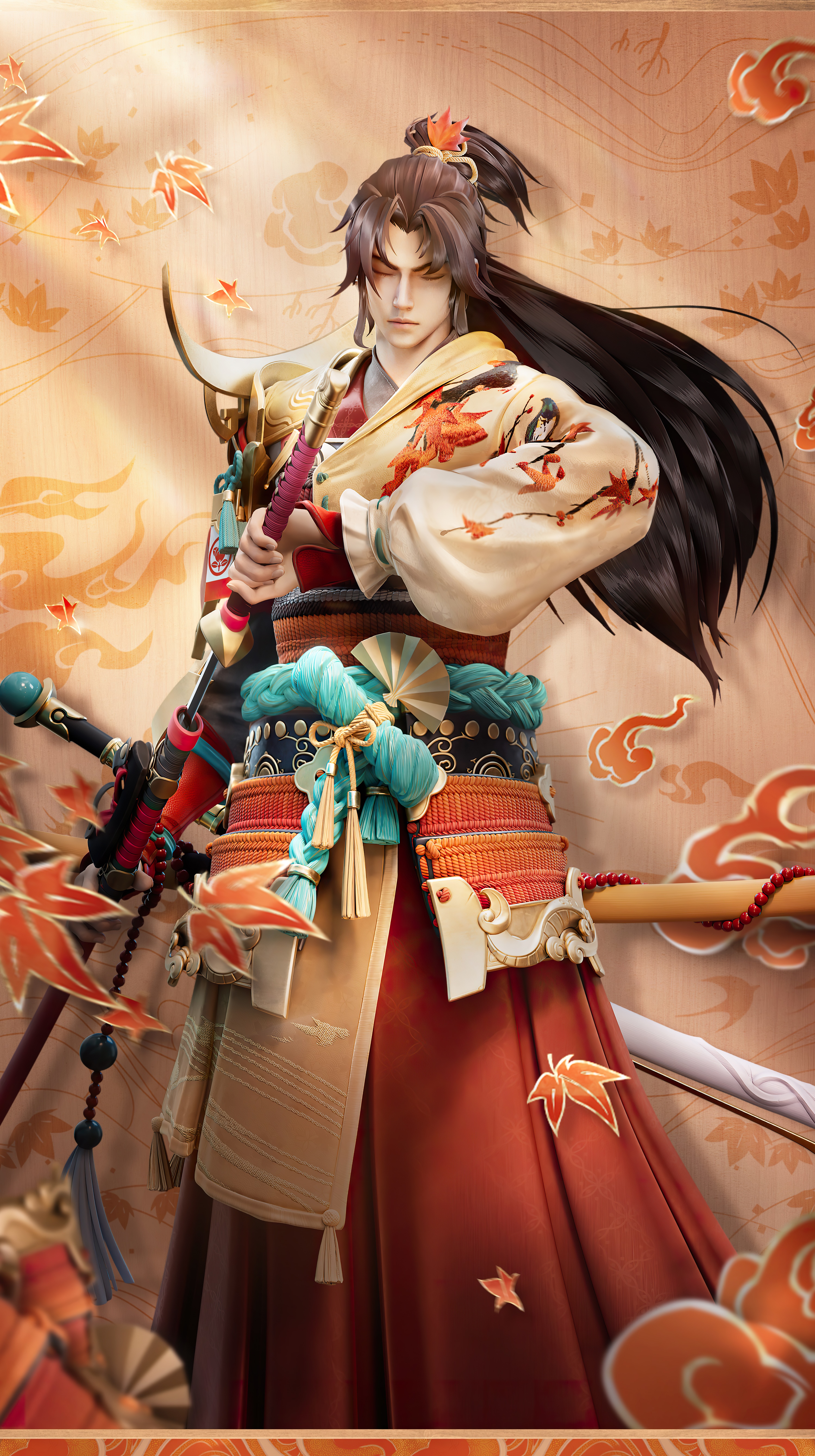Honor of Kings character with swords and leaves HD Phone Wallpaper
