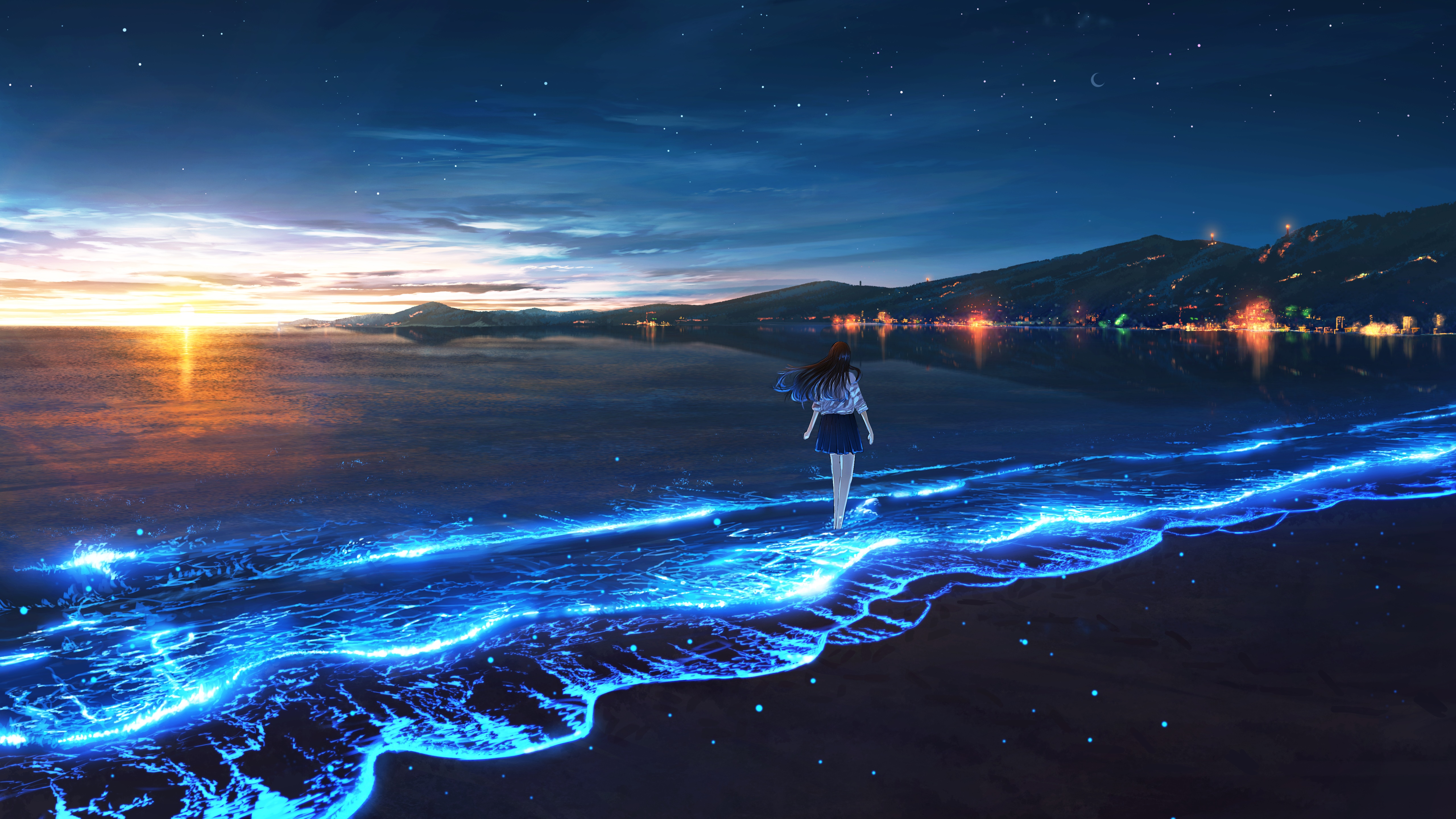 4K beach with bioluminescence at sunset HD Wallpaper
