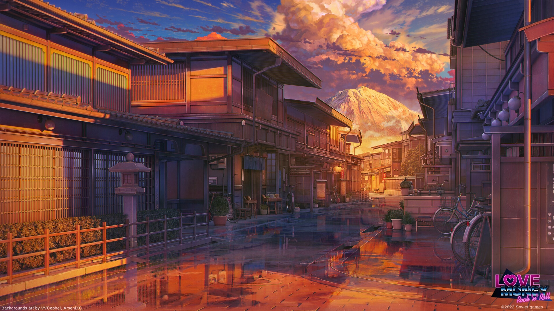 Japanese Street with Mount Fuji at Sunset HD Wallpaper