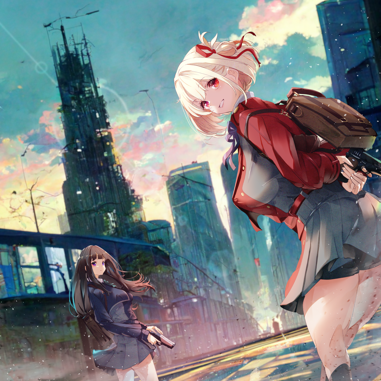 Lycoris Recoil fan art of Chisato and Takina in a city HD Wallpaper
