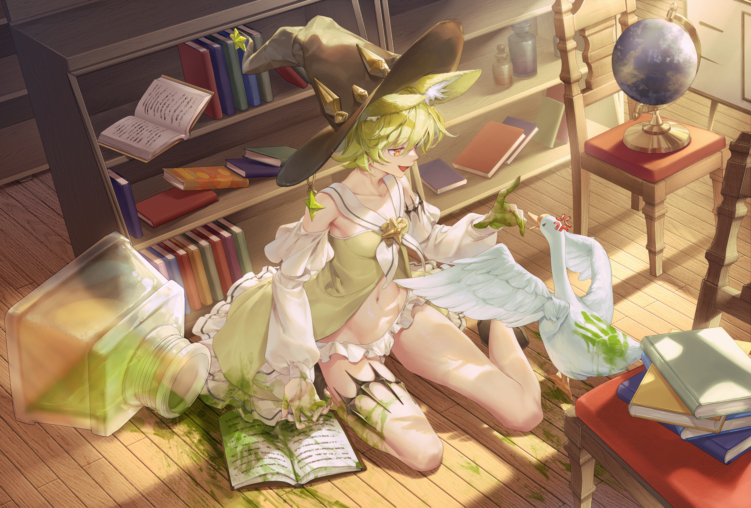 Witch with green hair and a goose in a library HD Wallpaper