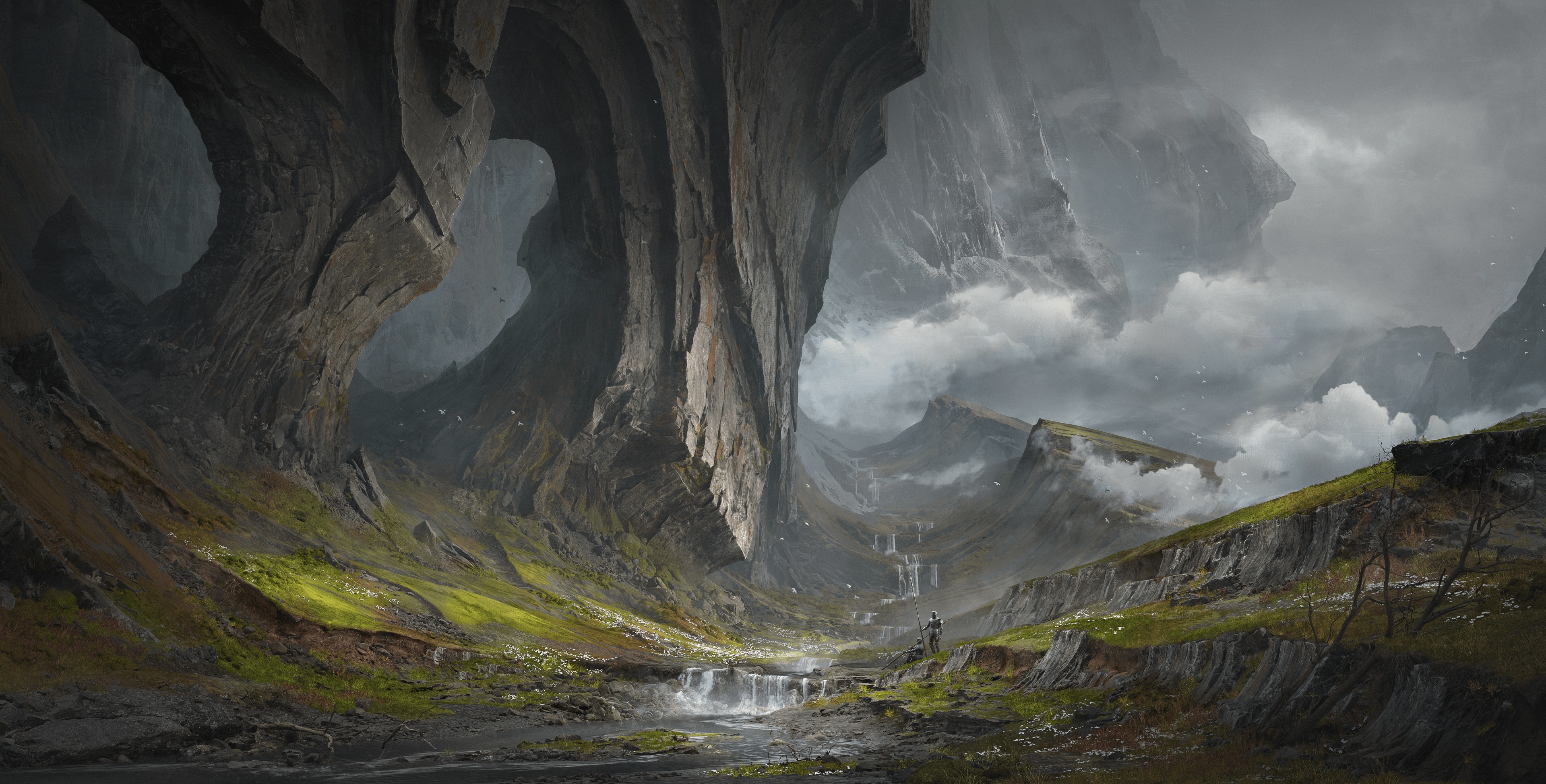 Fantasy landscape with river and rock formations HD Wallpaper