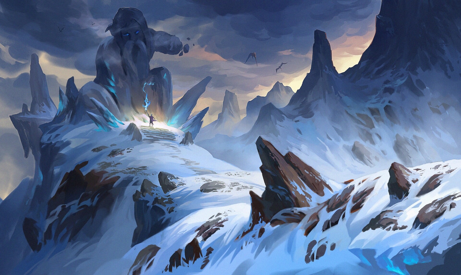 Giant stone figure in a snowy mountain landscape HD Wallpaper