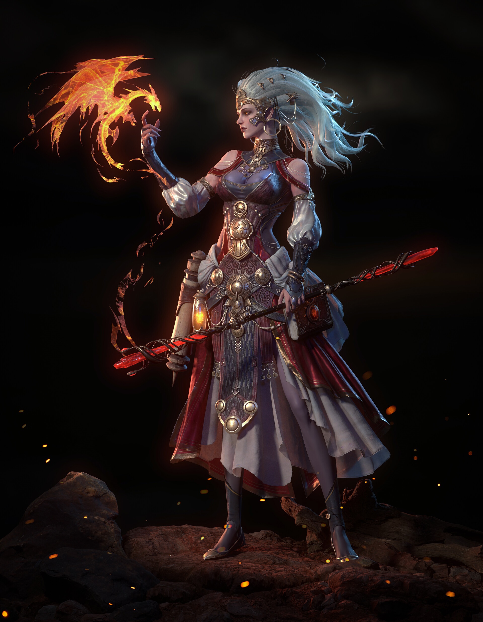 Fantasy woman with silver hair conjures a phoenix HD Phone Wallpaper
