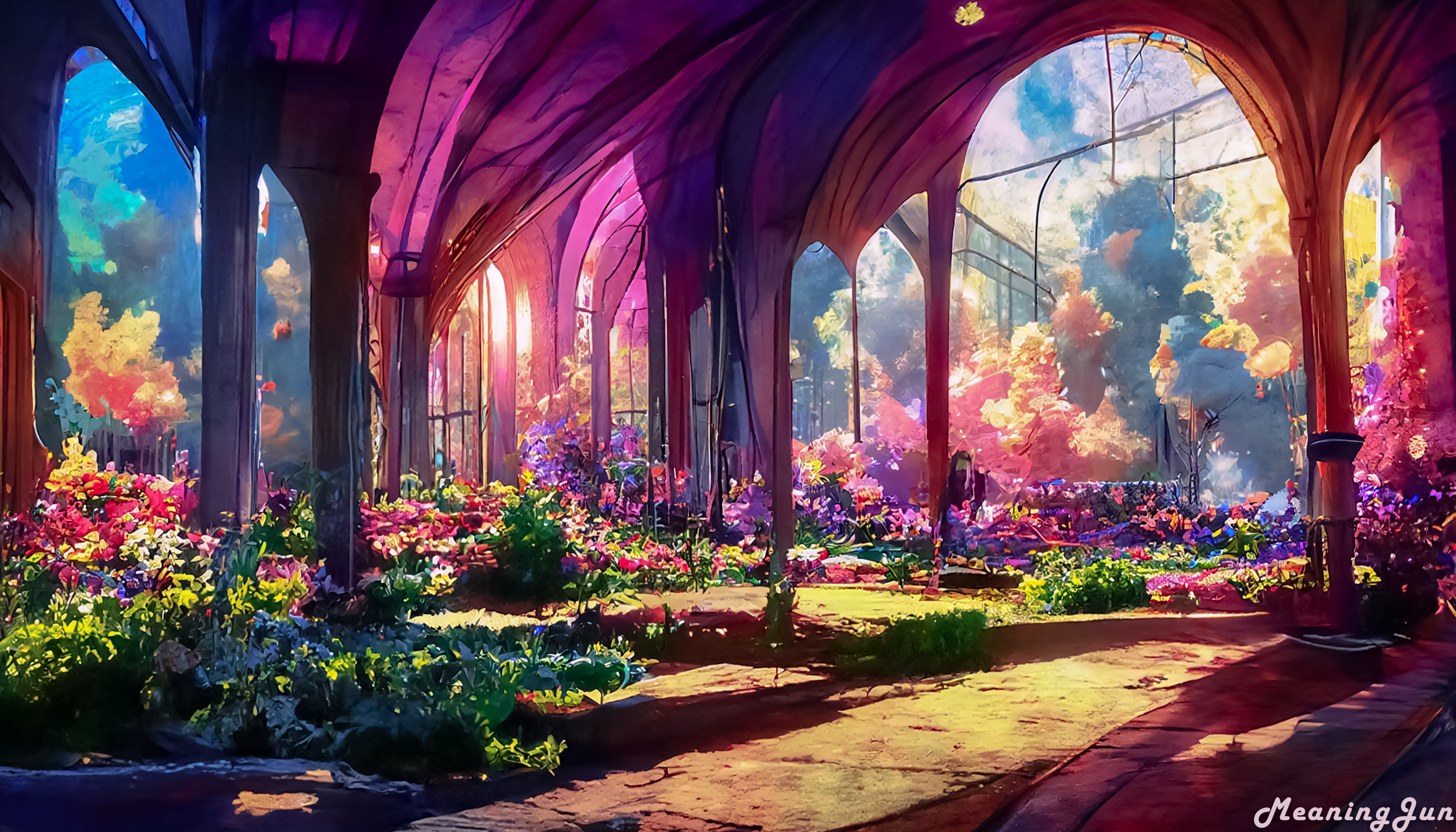A magical garden with purple flowers and arched structures HD Wallpaper