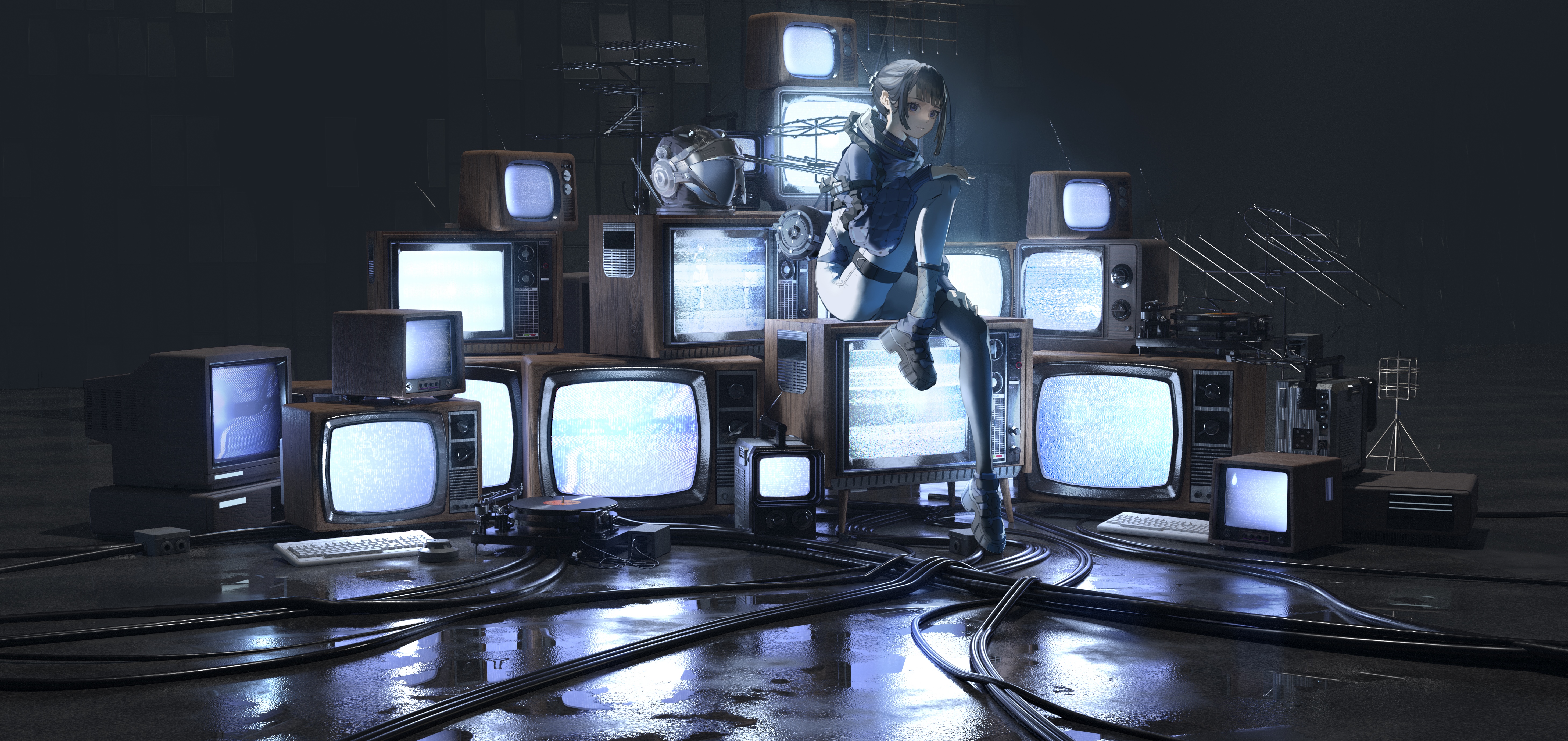 Girl sitting on pile of televisions HD Wallpaper