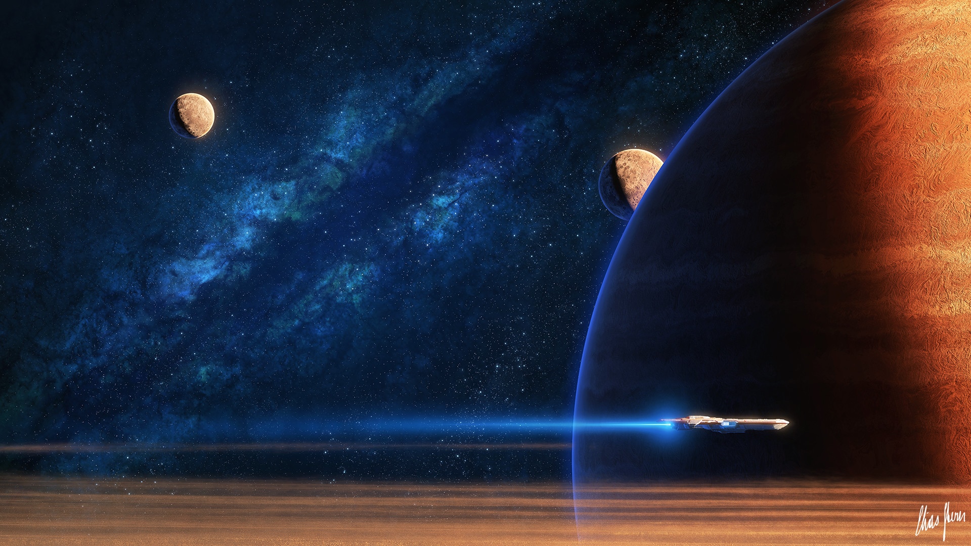 Elias Stern's spaceship travels through a galaxy HD Wallpaper