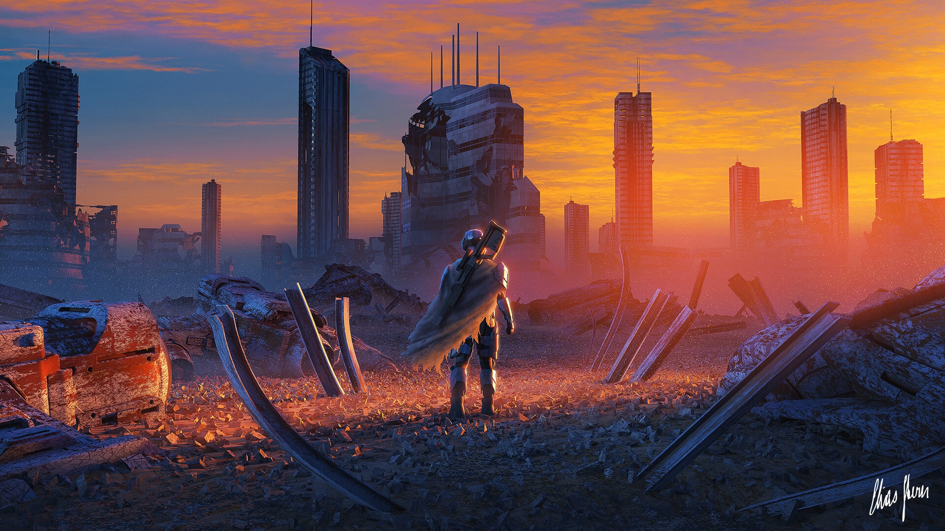 Post-apocalyptic soldier in ruined city at sunset HD Wallpaper