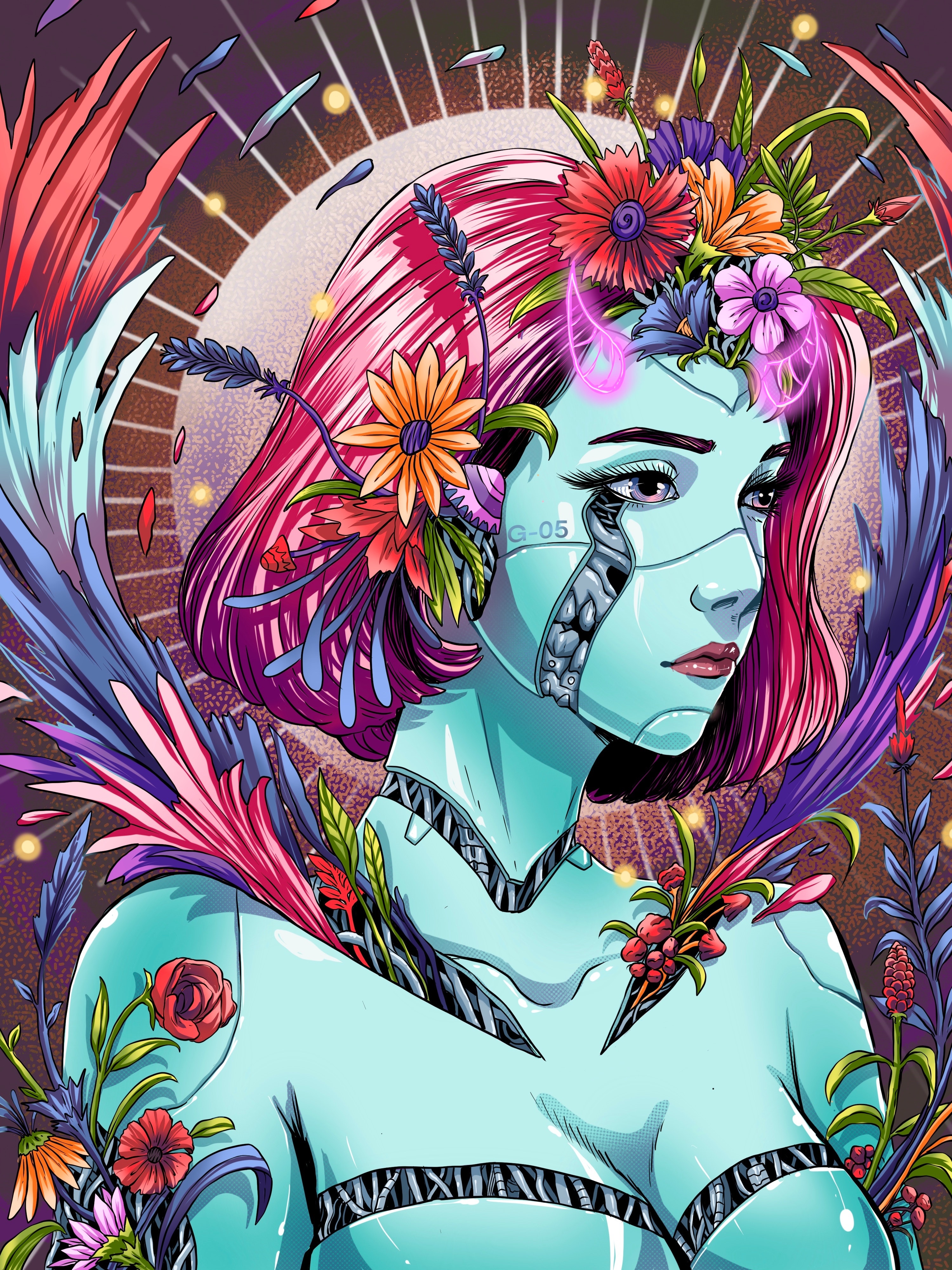 Cyborg fantasy girl with flowers and horns HD Phone Wallpaper