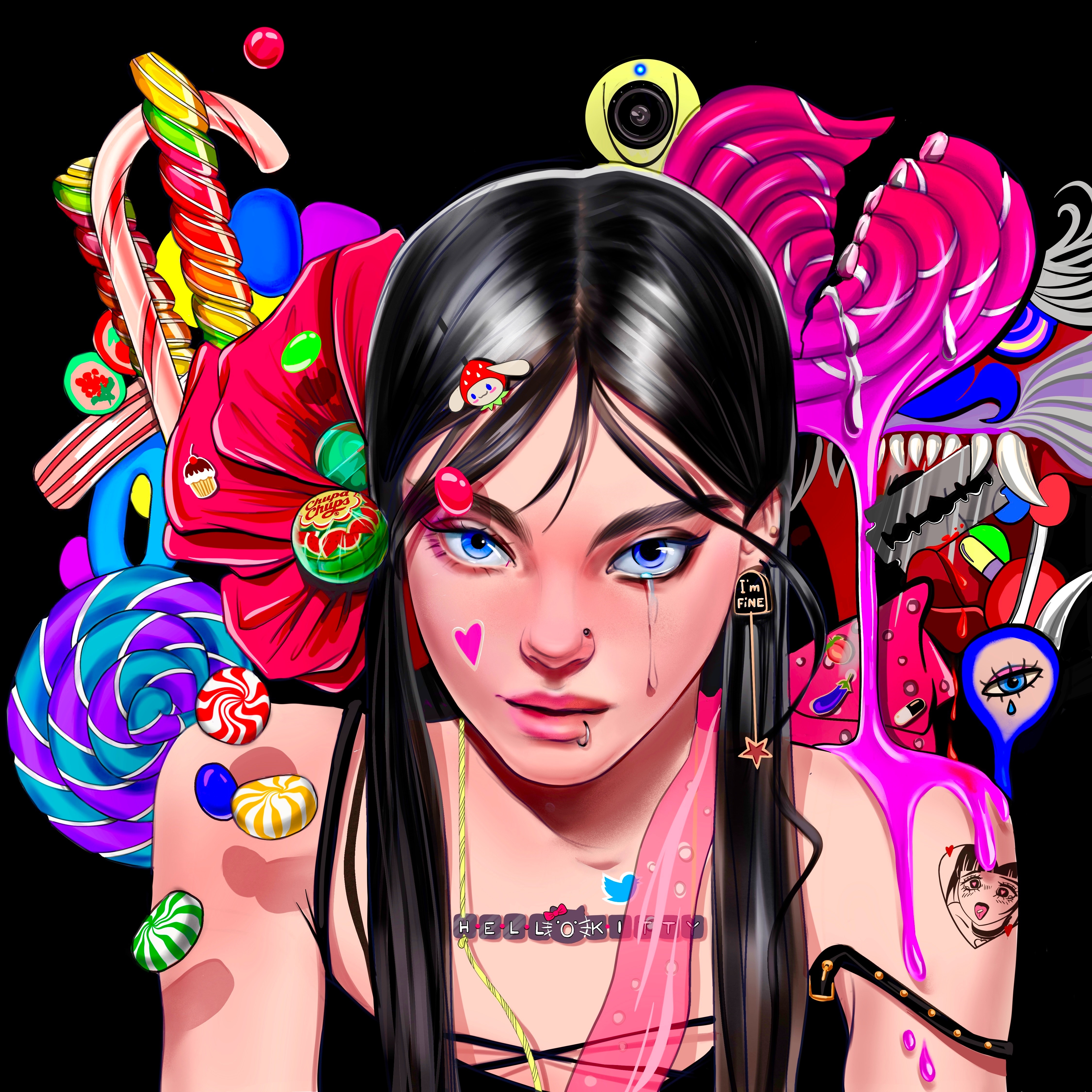 4K Fantasy Art of a Girl with Dark Hair and Blue Eyes Surrounded by Candy HD Wallpaper