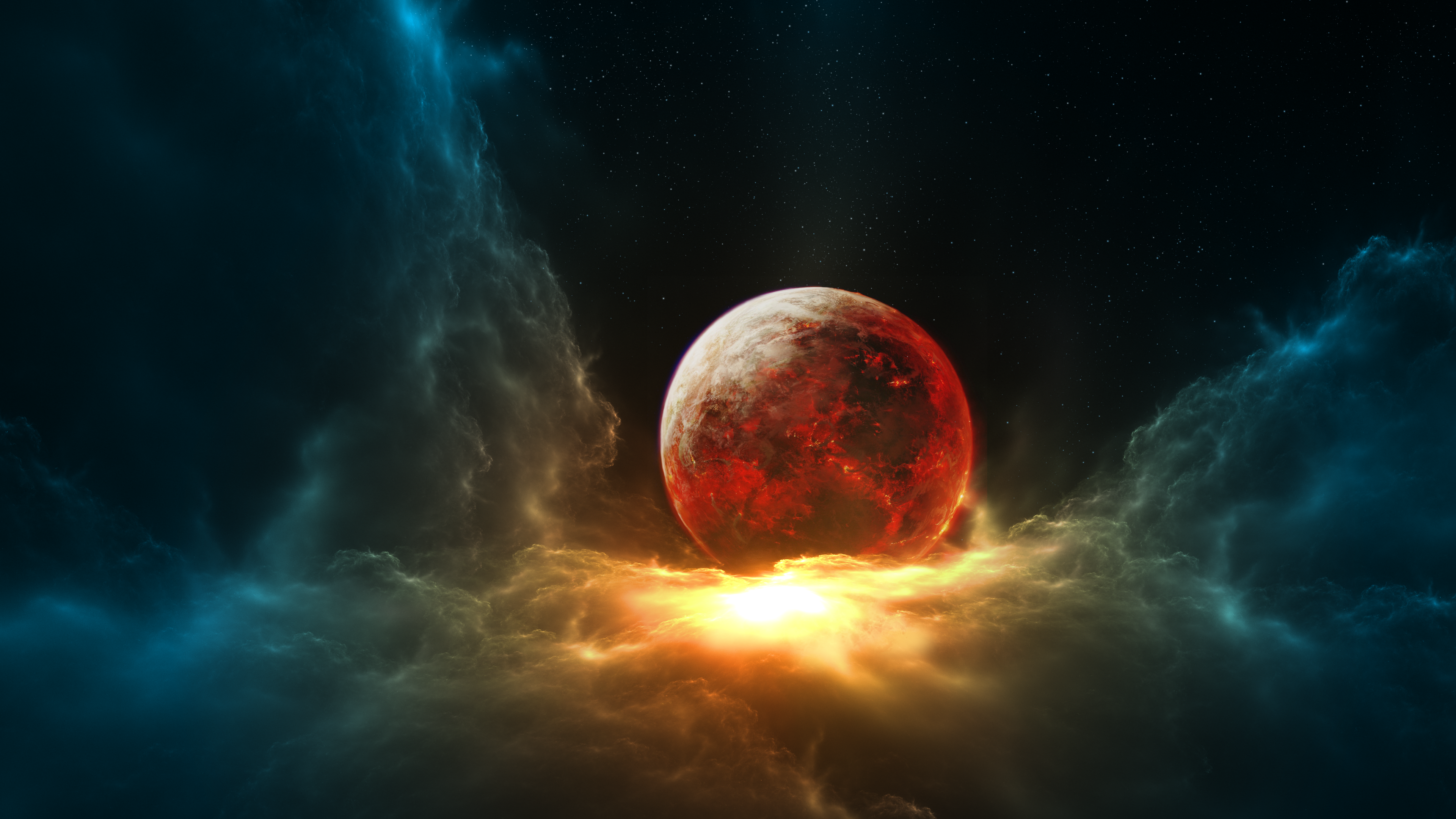 4K space art of a fiery planet and nebula HD Wallpaper