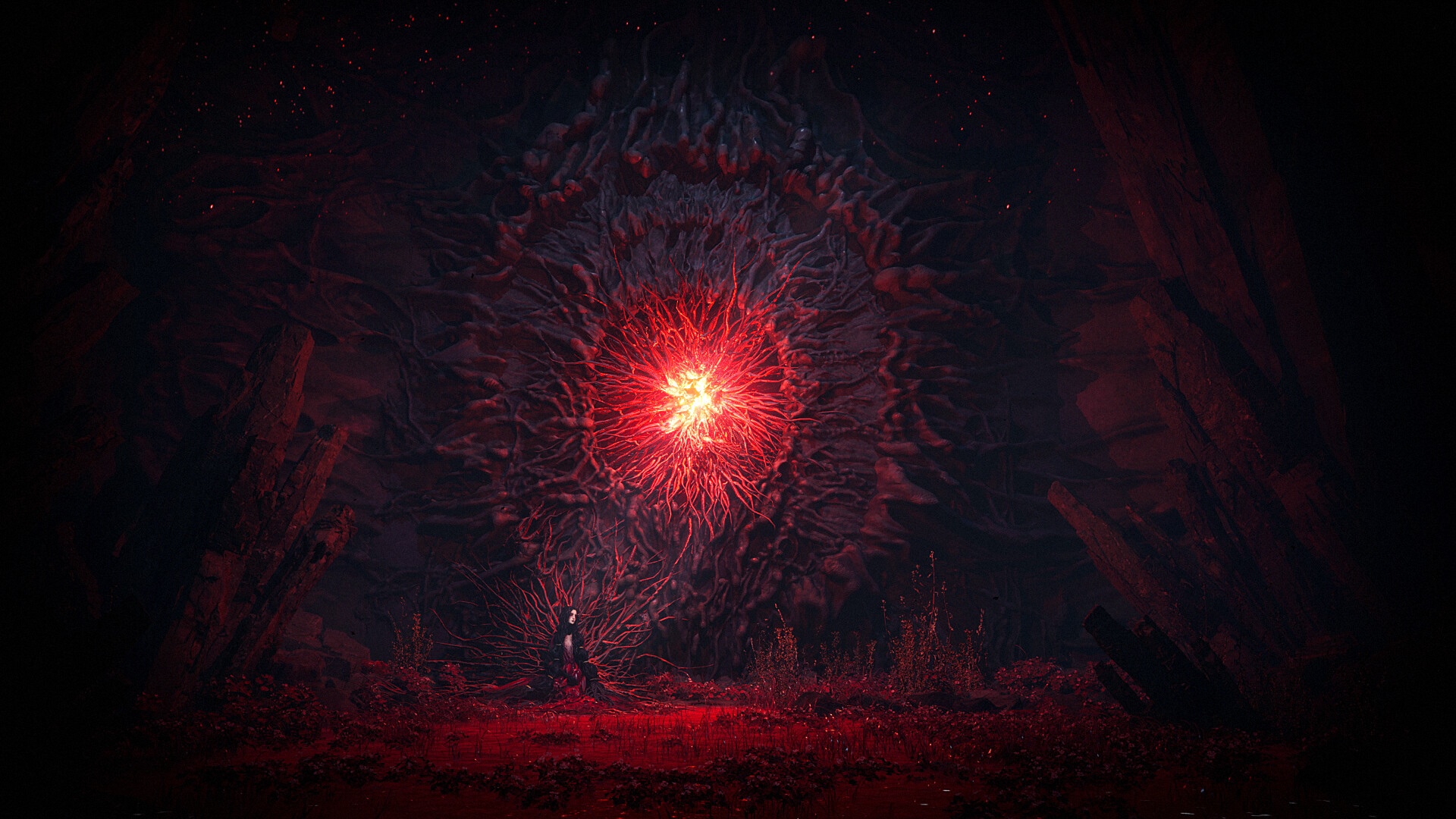 Fantasy artwork of a glowing red core in a dark cave HD Wallpaper