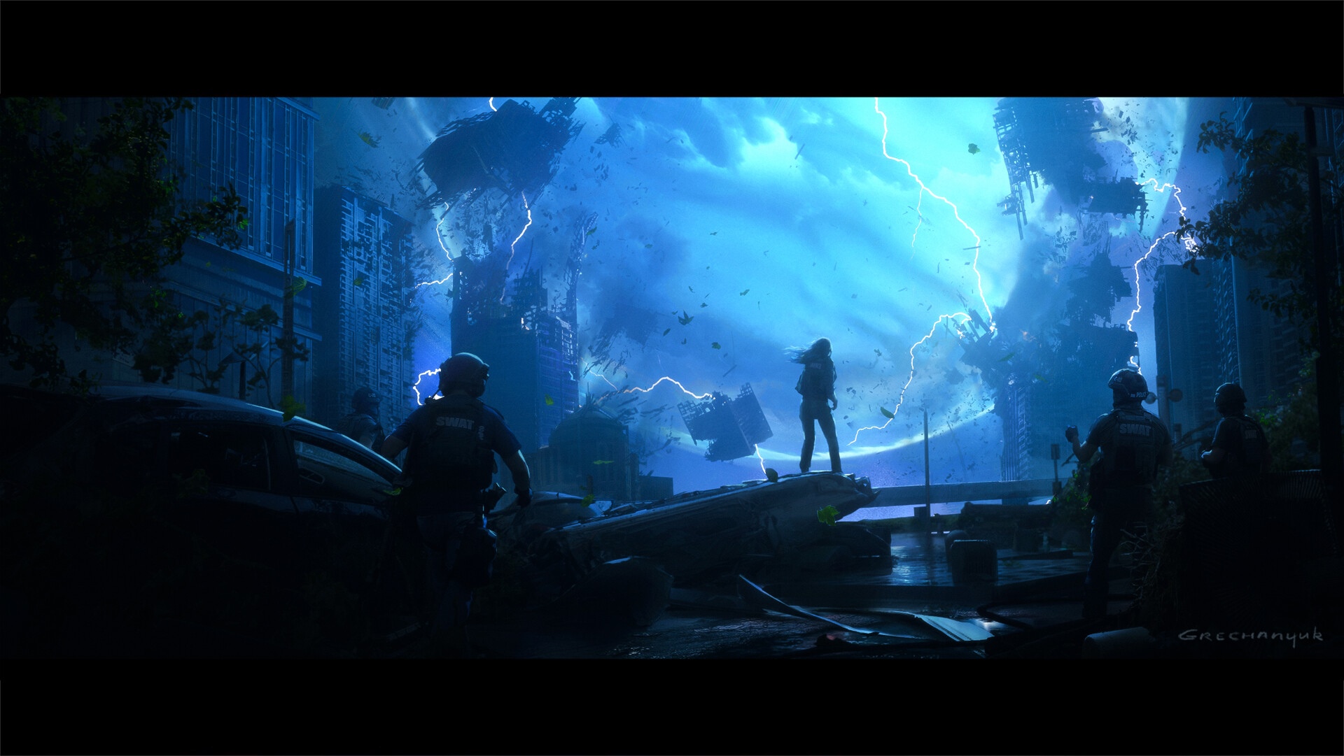 People in tactical gear observe a massive storm over a destroyed city HD Wallpaper