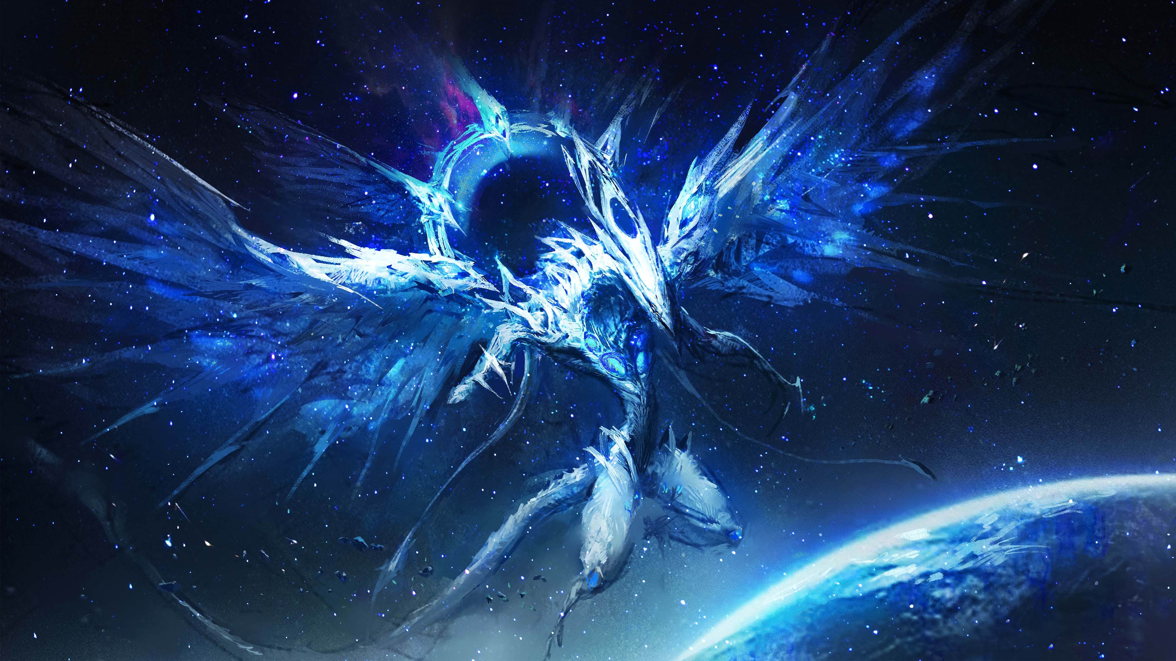 4K Deep-Eyes White Dragon in Space HD Wallpaper