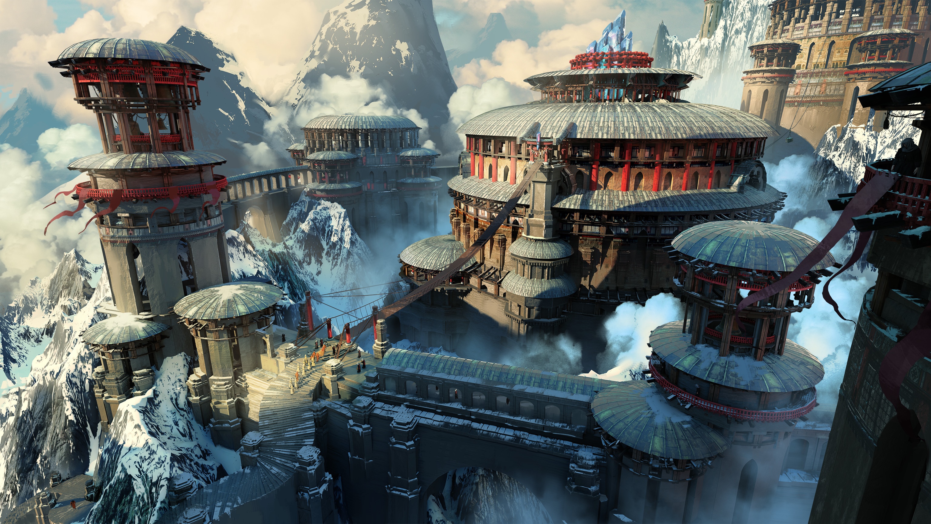 Fantasy temple complex on snowy mountains HD Wallpaper