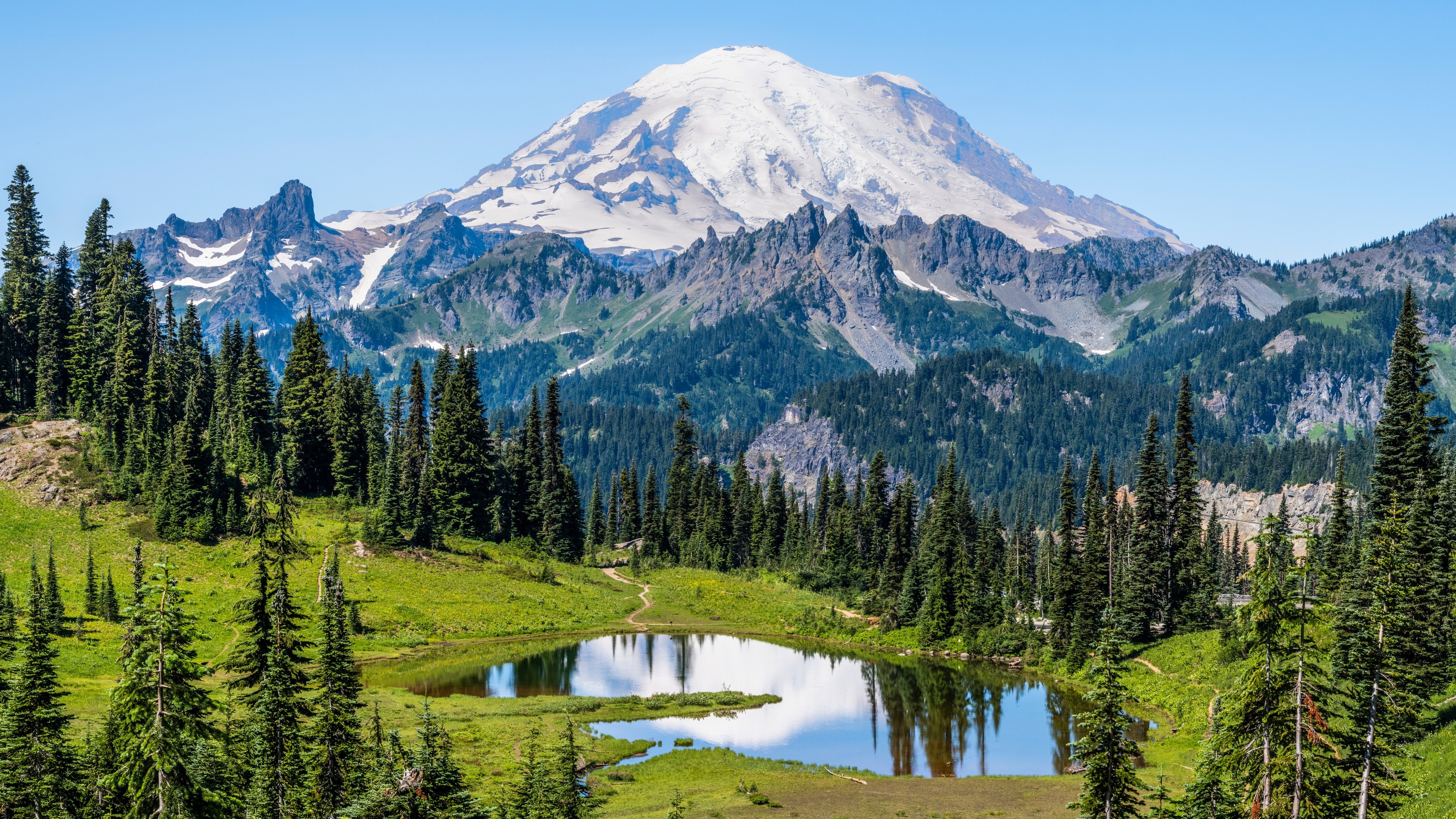 Mount Rainier reflected in Tipsoo Lake, Washington HD Wallpaper