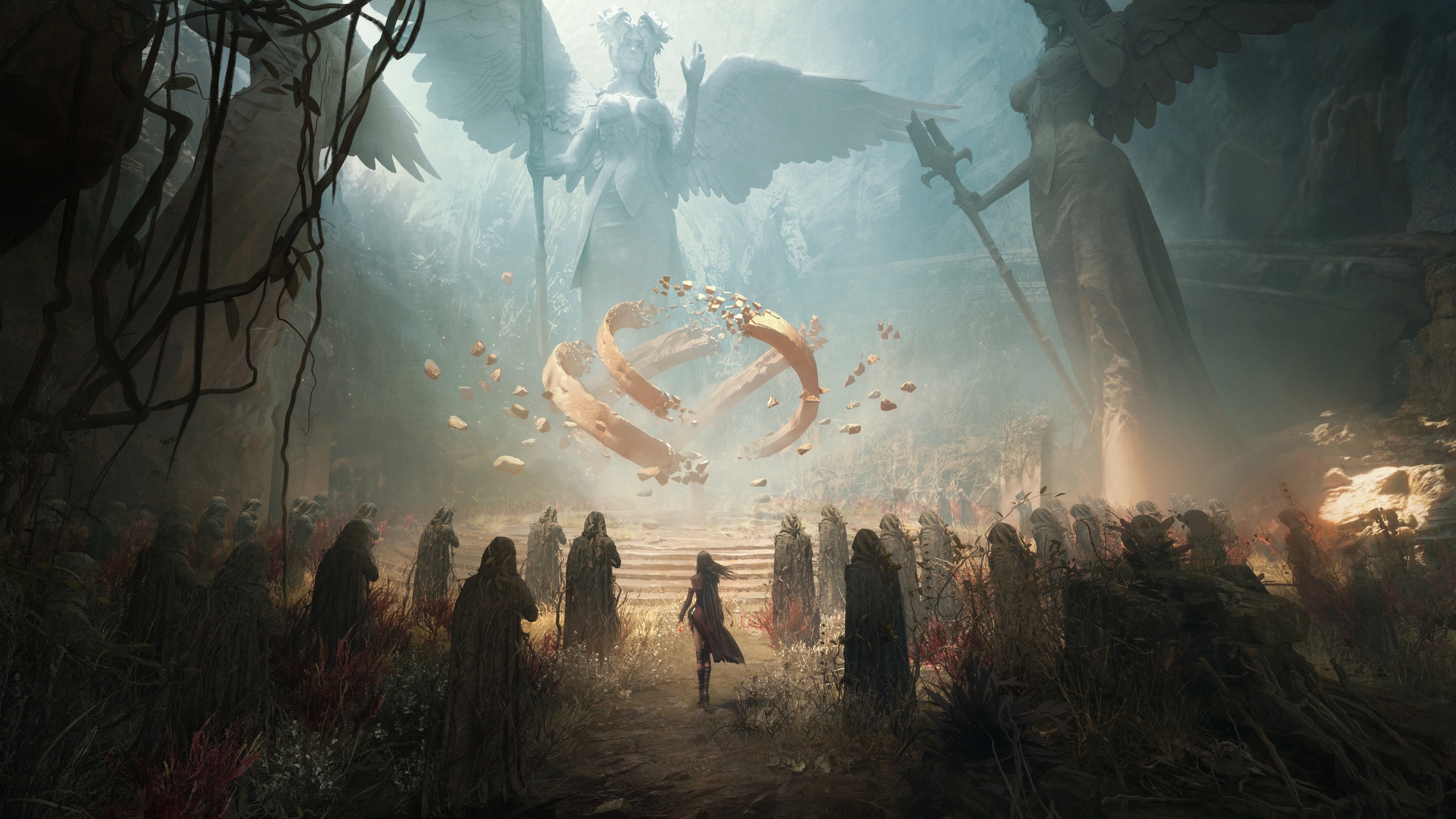 Fantasy girl in a cave with statues and magic HD Wallpaper