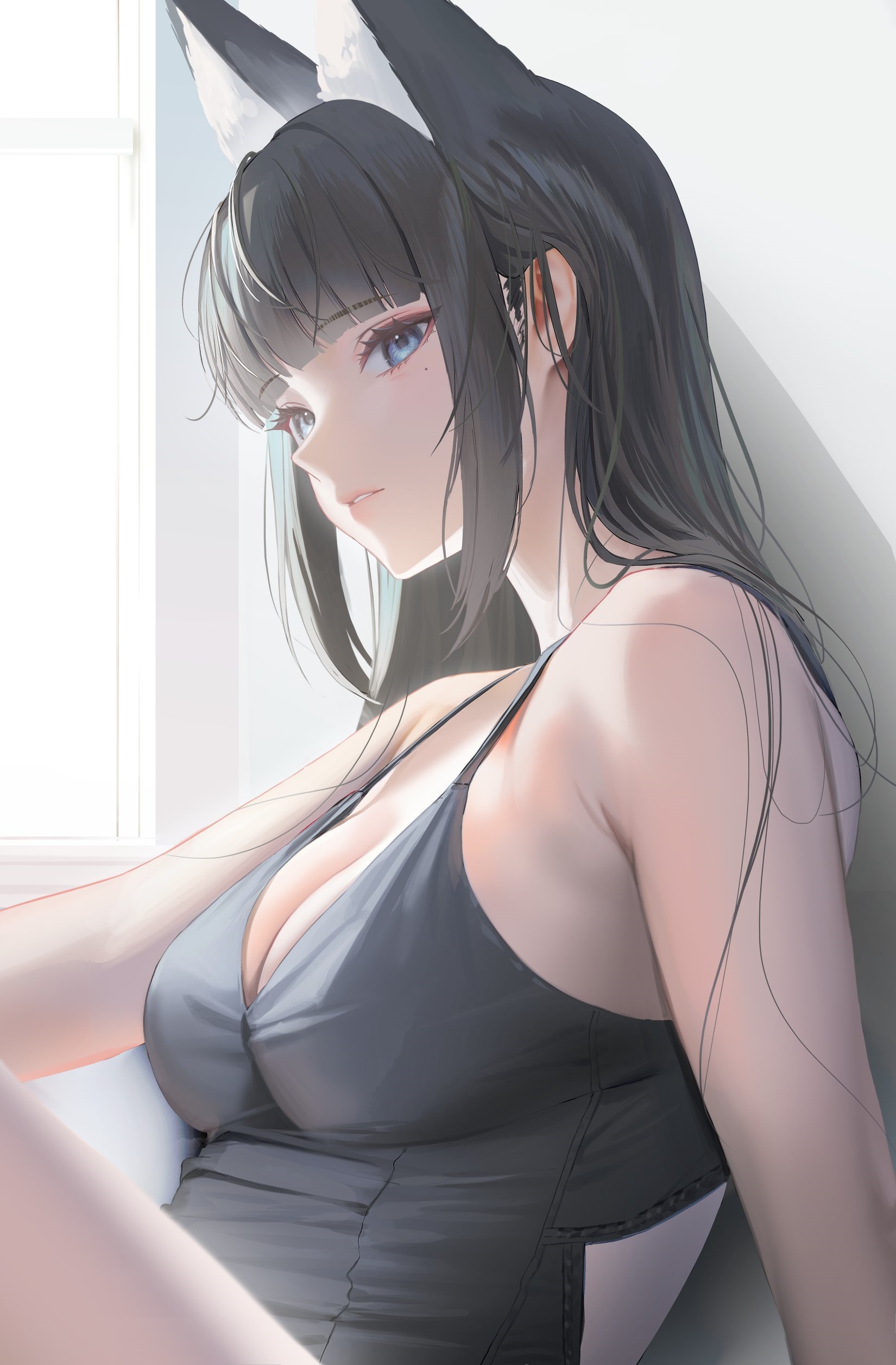 Fox girl with blue eyes wearing a dark dress HD Phone Wallpaper