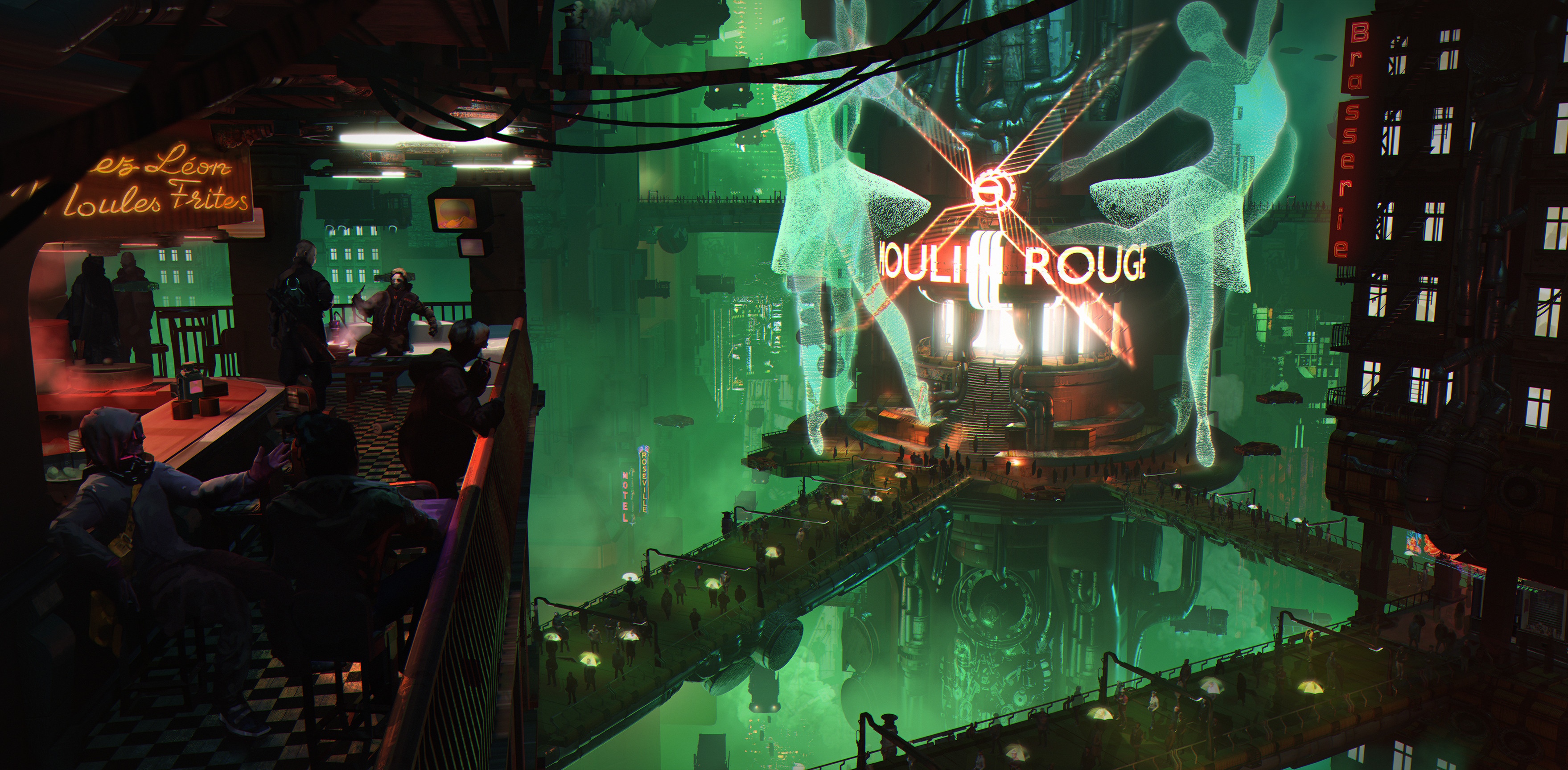 Cyberpunk Moulin Rouge hologram in a futuristic city HD Wallpaper