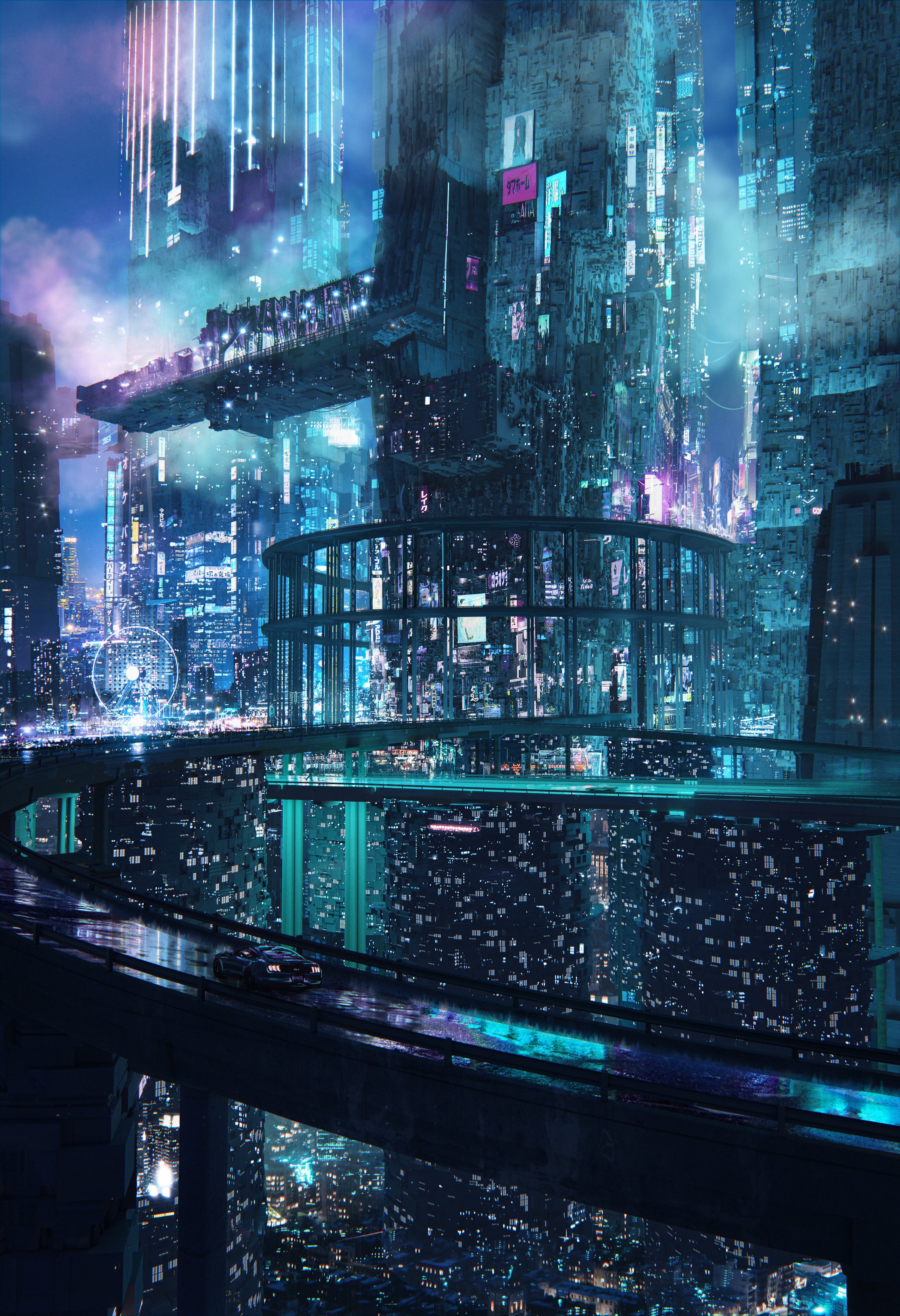 Futuristic cityscape with roads and cars by Idil Dursun HD Phone Wallpaper