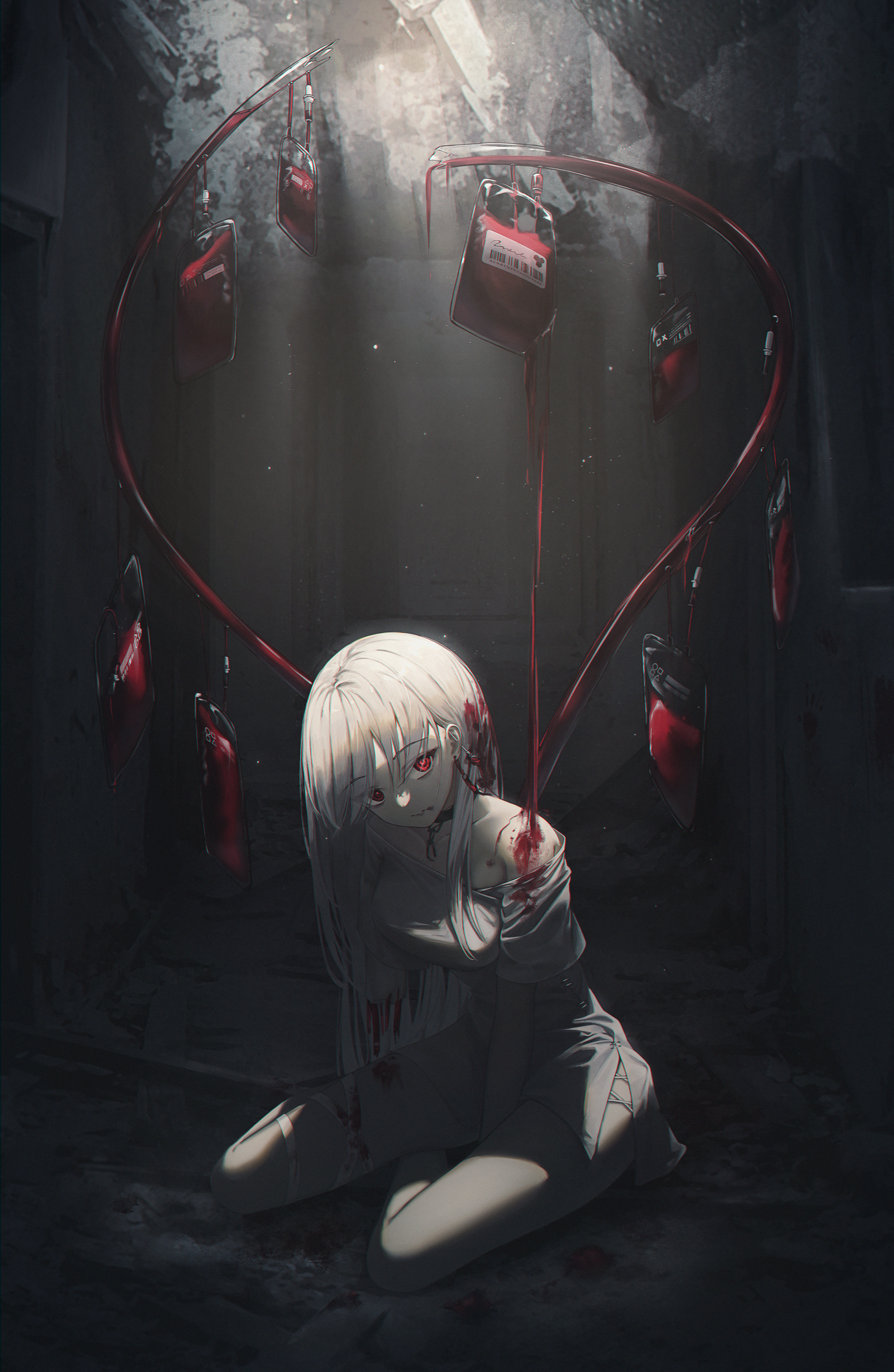 Girl with red eyes and blood bags HD Phone Wallpaper
