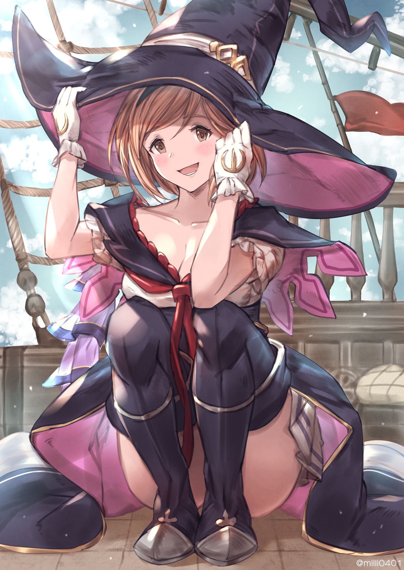 Djeeta in a witch hat on a ship HD Phone Wallpaper
