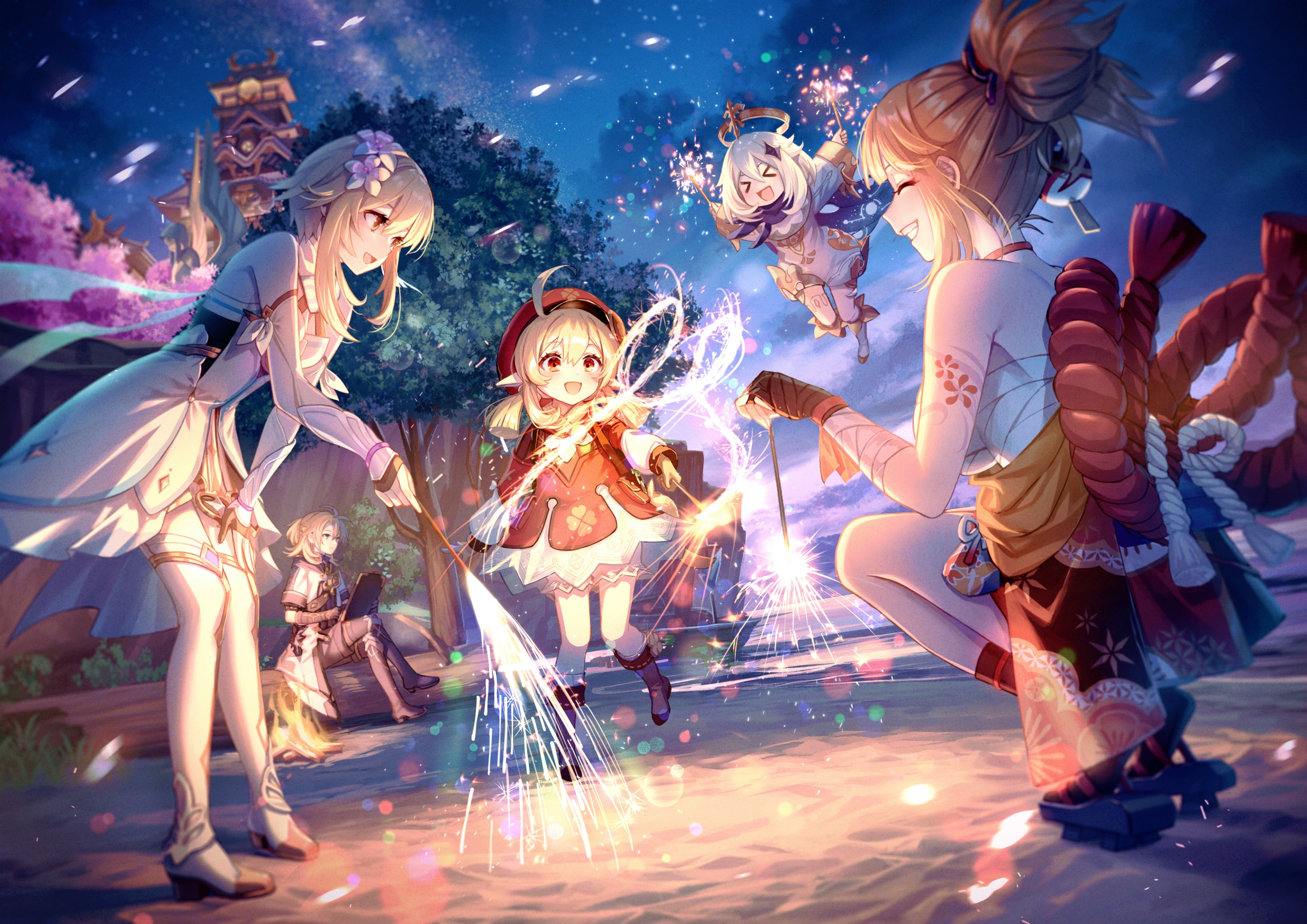Genshin Impact characters celebrating with fireworks HD Wallpaper