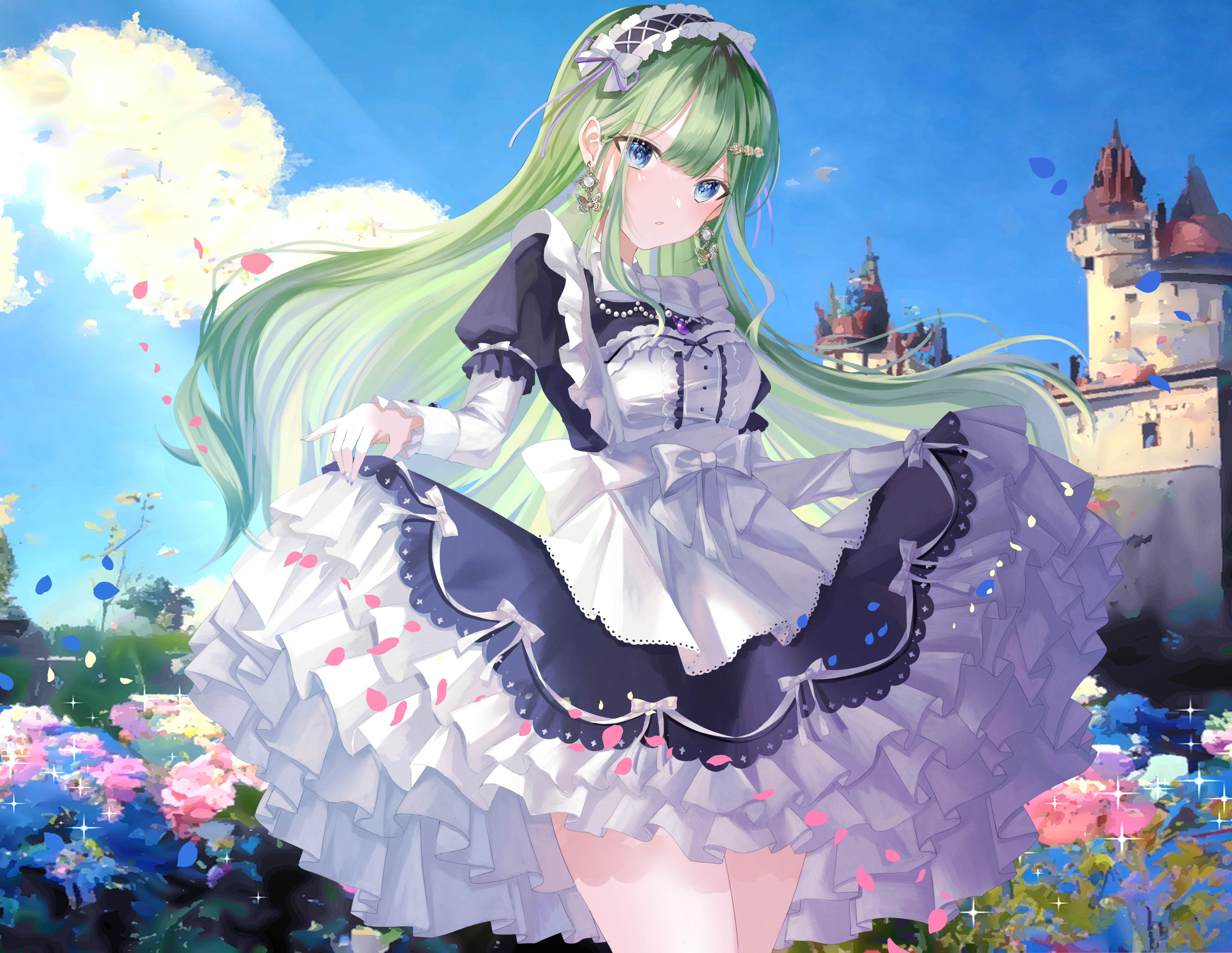 Maid with green hair lifting her dress near a castle HD Wallpaper