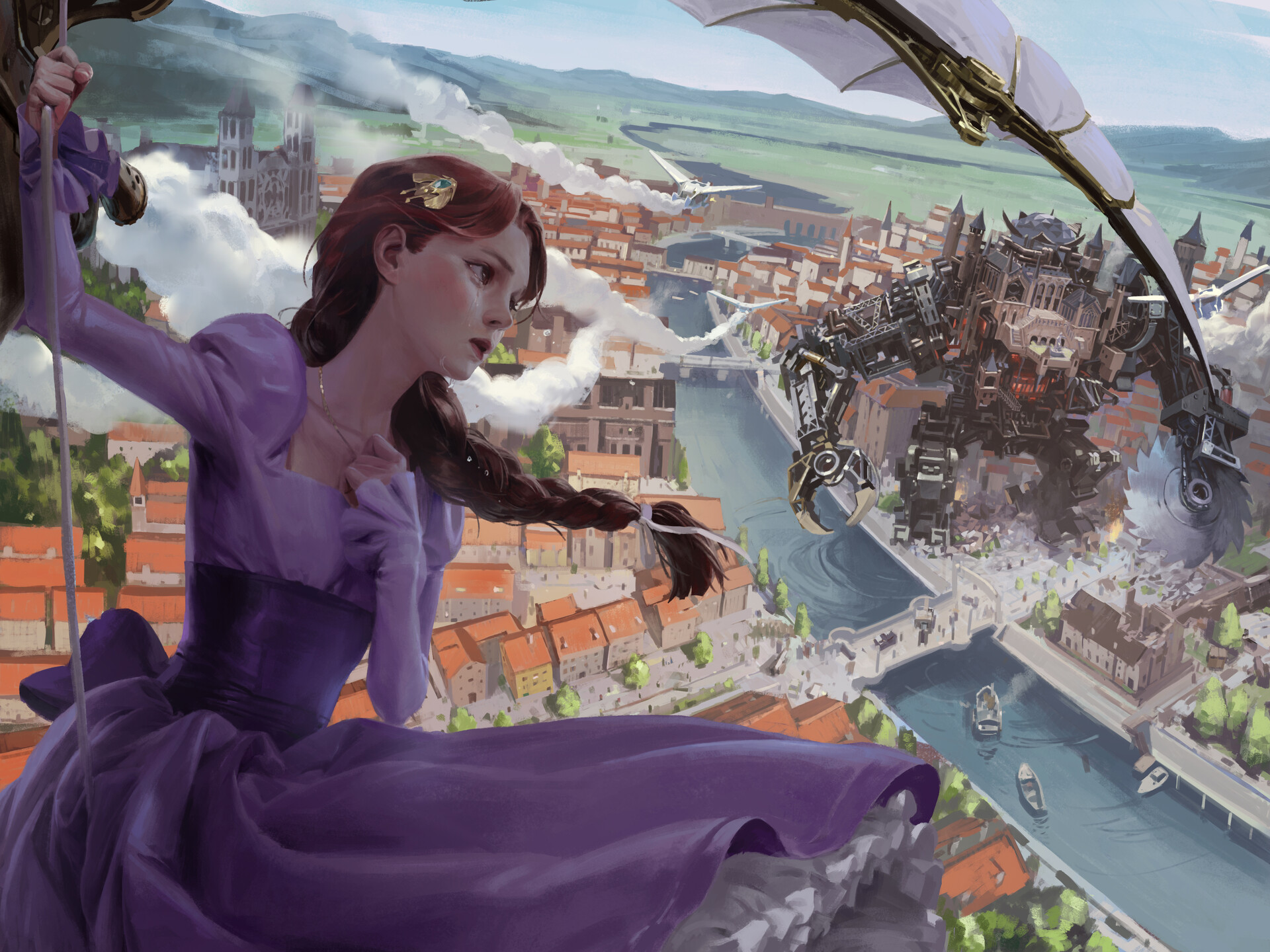 Woman in purple dress on airship overlooking city and robot HD Wallpaper