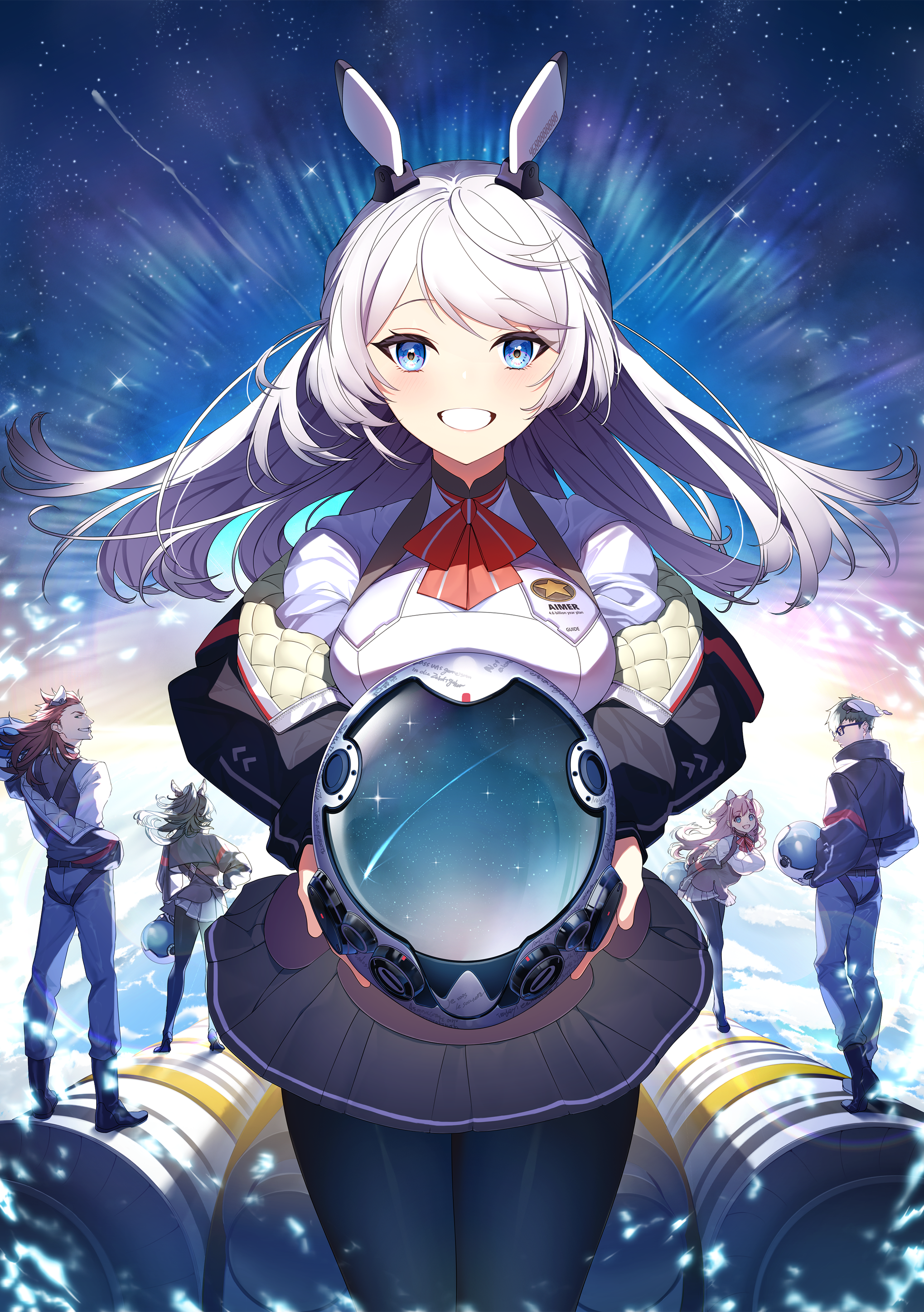 Anime girl with bunny ears holding a helmet HD Phone Wallpaper