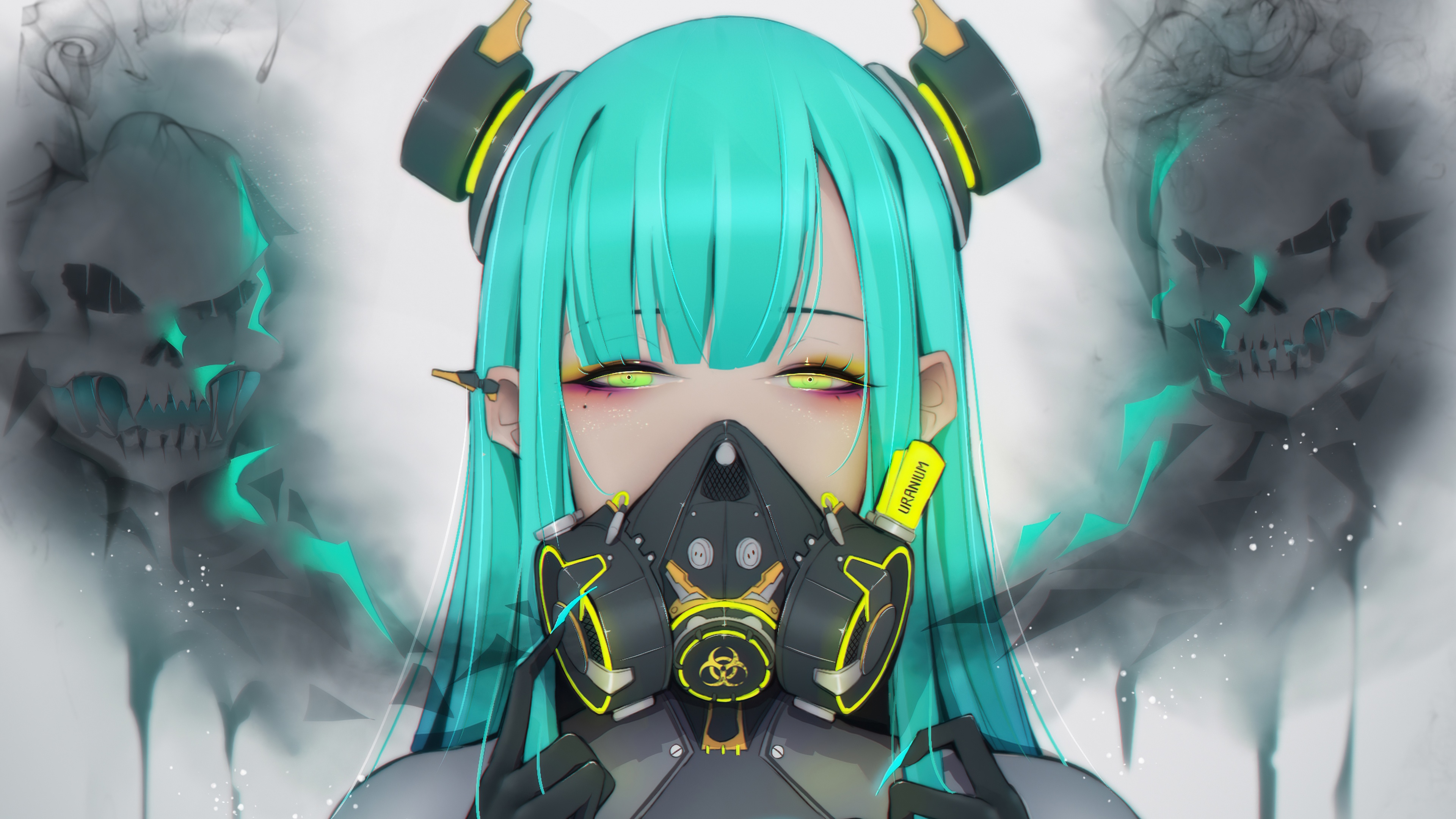 4K Anime Girl with Gas Mask and Skull Smoke HD Wallpaper