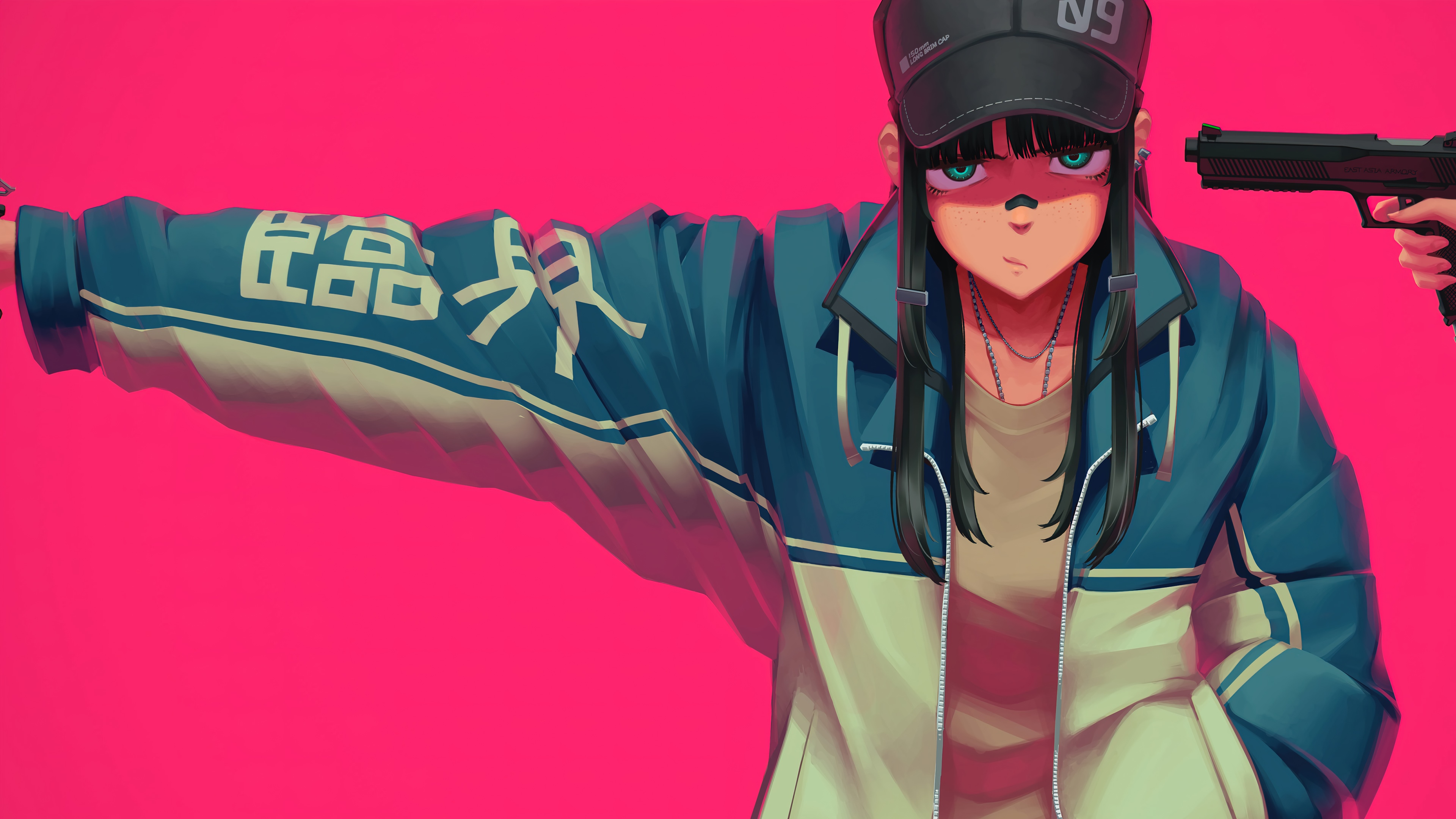 Girl with guns on pink background HD Wallpaper