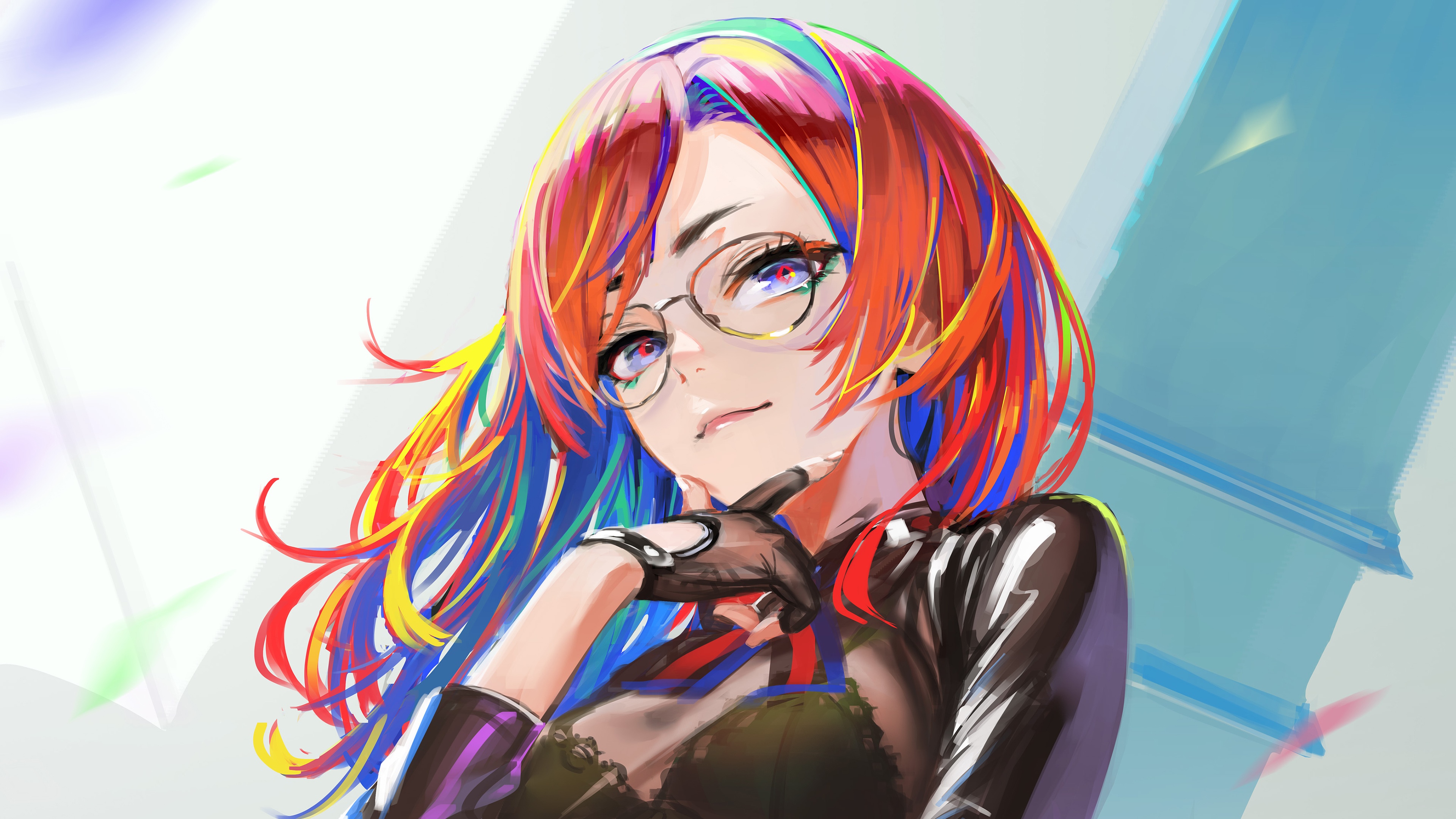 4K anime girl with multi-colored hair and glasses HD Wallpaper