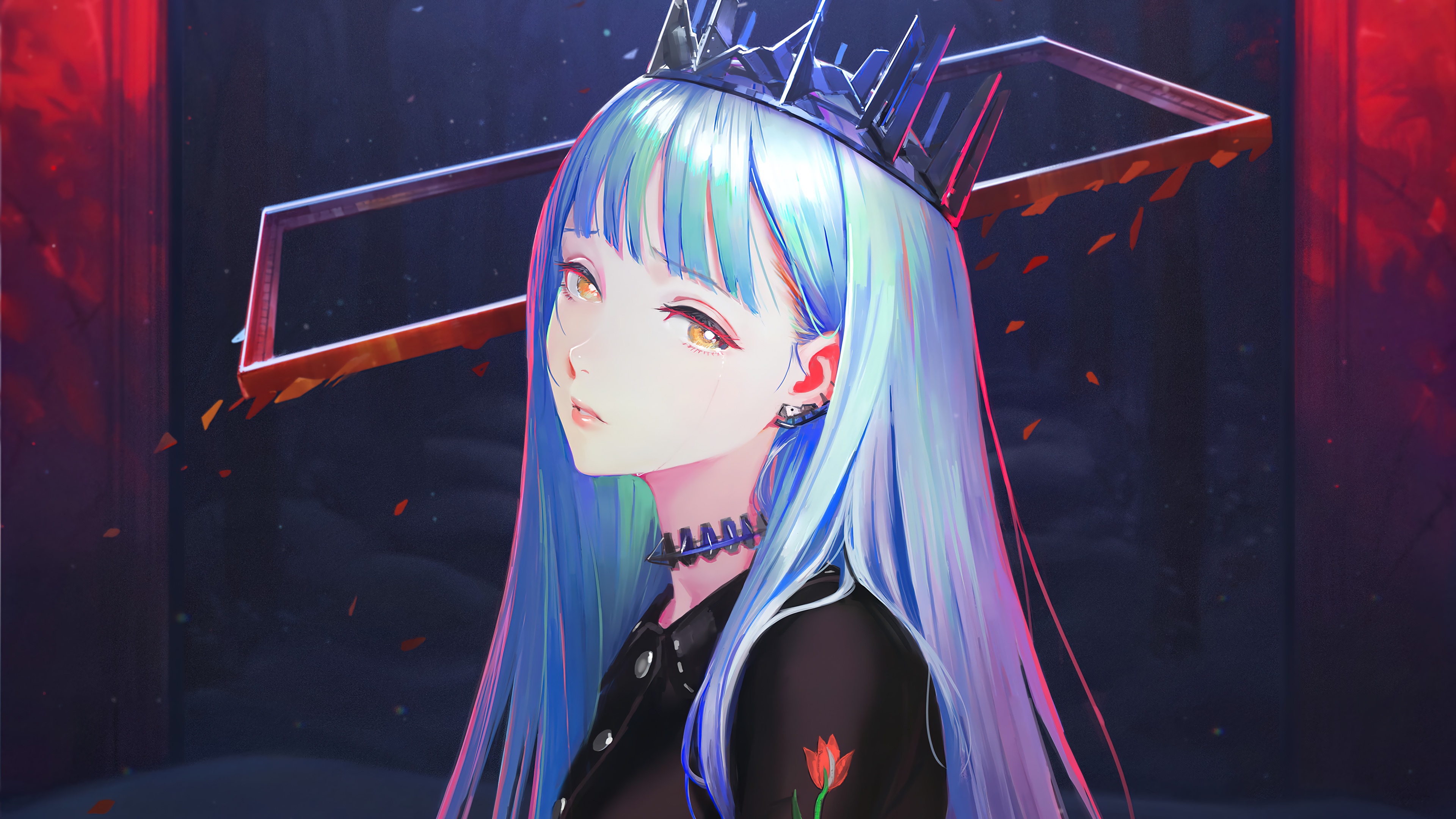4K anime girl with blue hair and crown HD Wallpaper