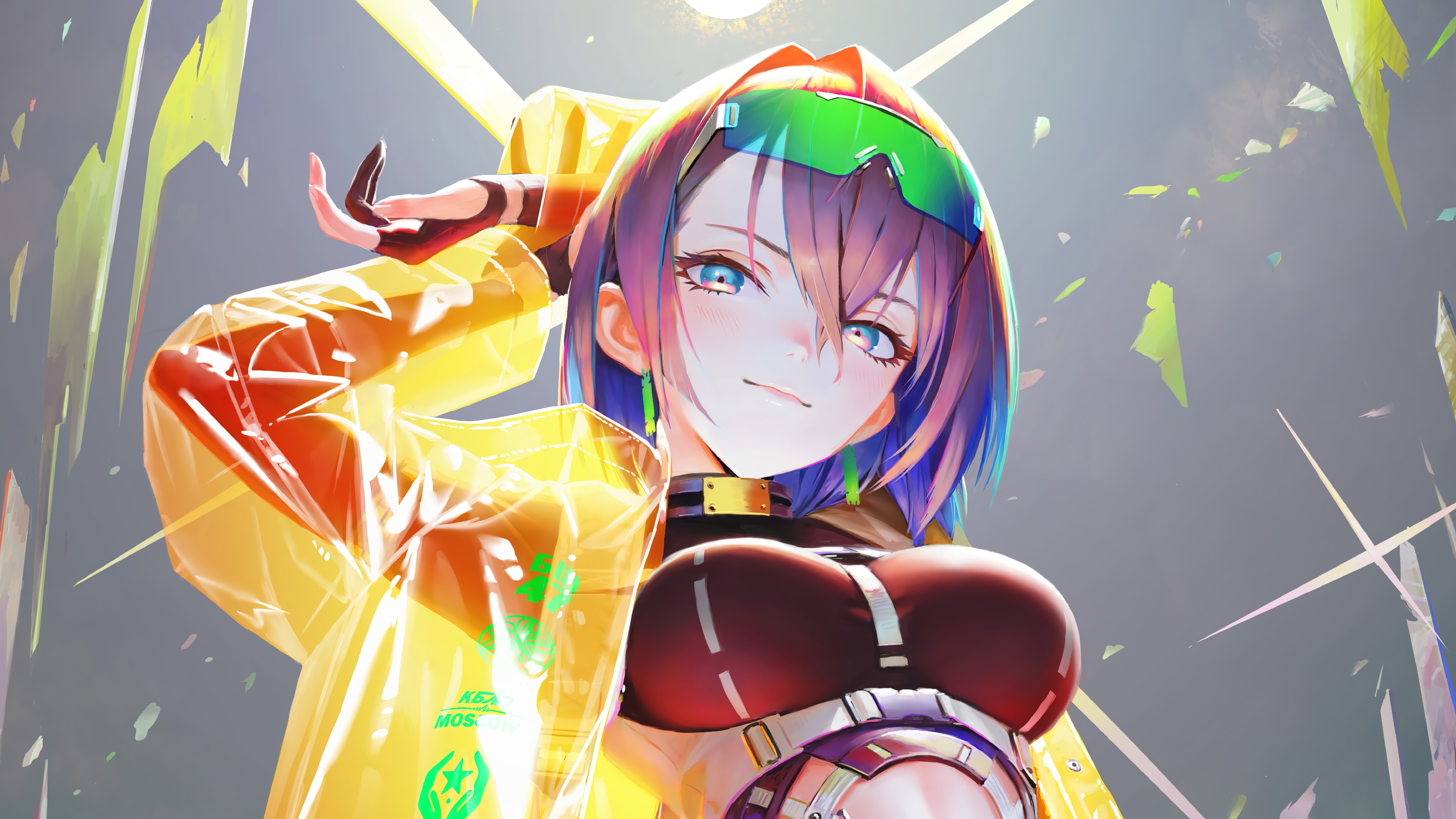 4K anime girl with yellow raincoat and glasses HD Wallpaper