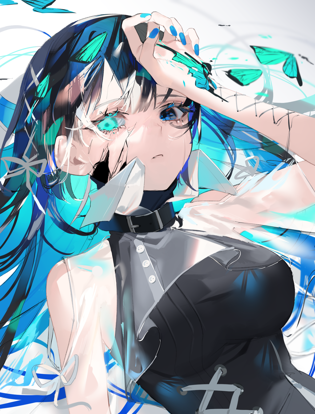 Girl with blue hair and butterflies HD Phone Wallpaper