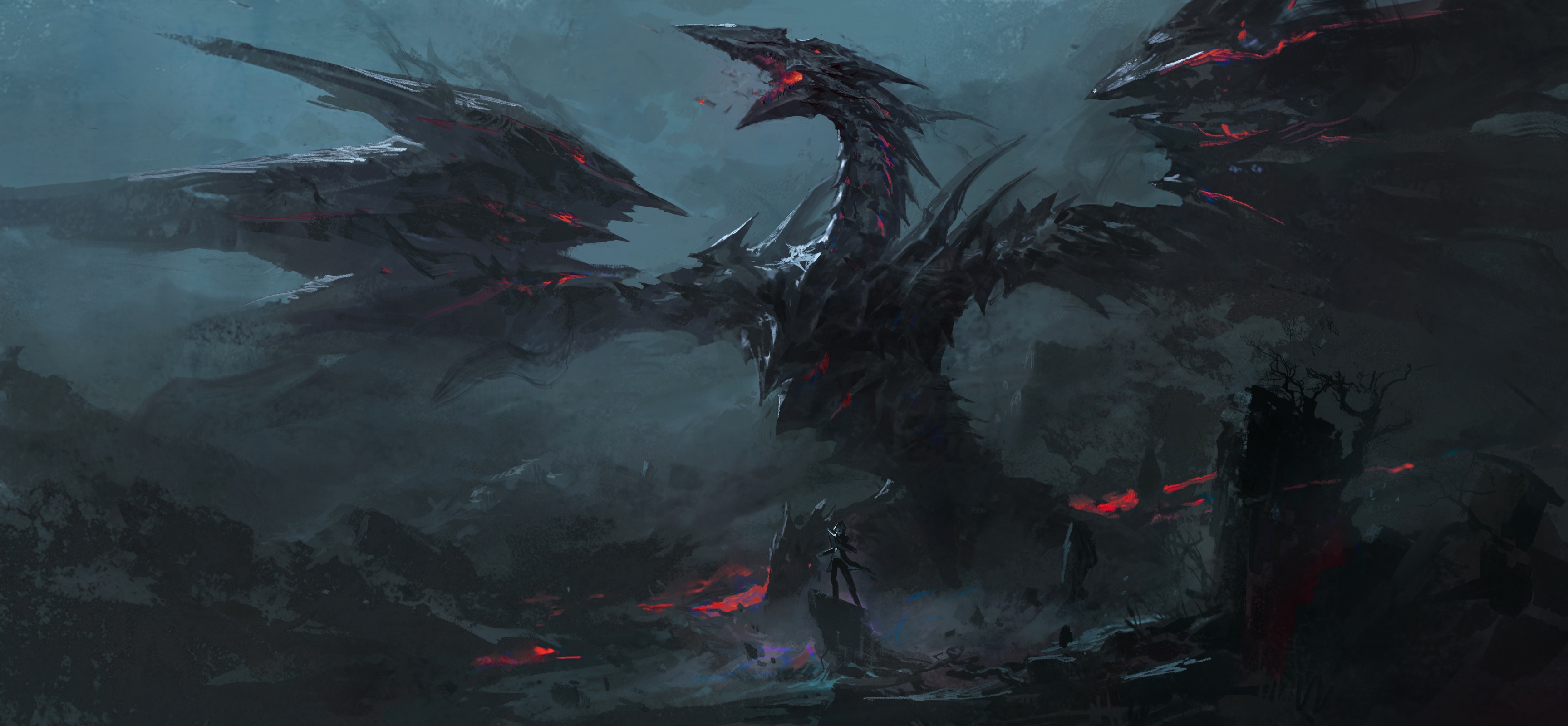 Dark Dragon Creature in a Fantasy Landscape HD Wallpaper