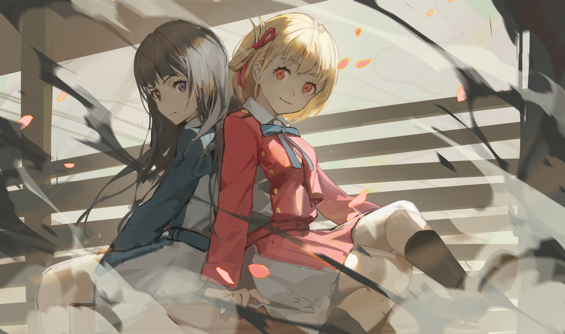 Two anime girls sitting back to back HD Wallpaper