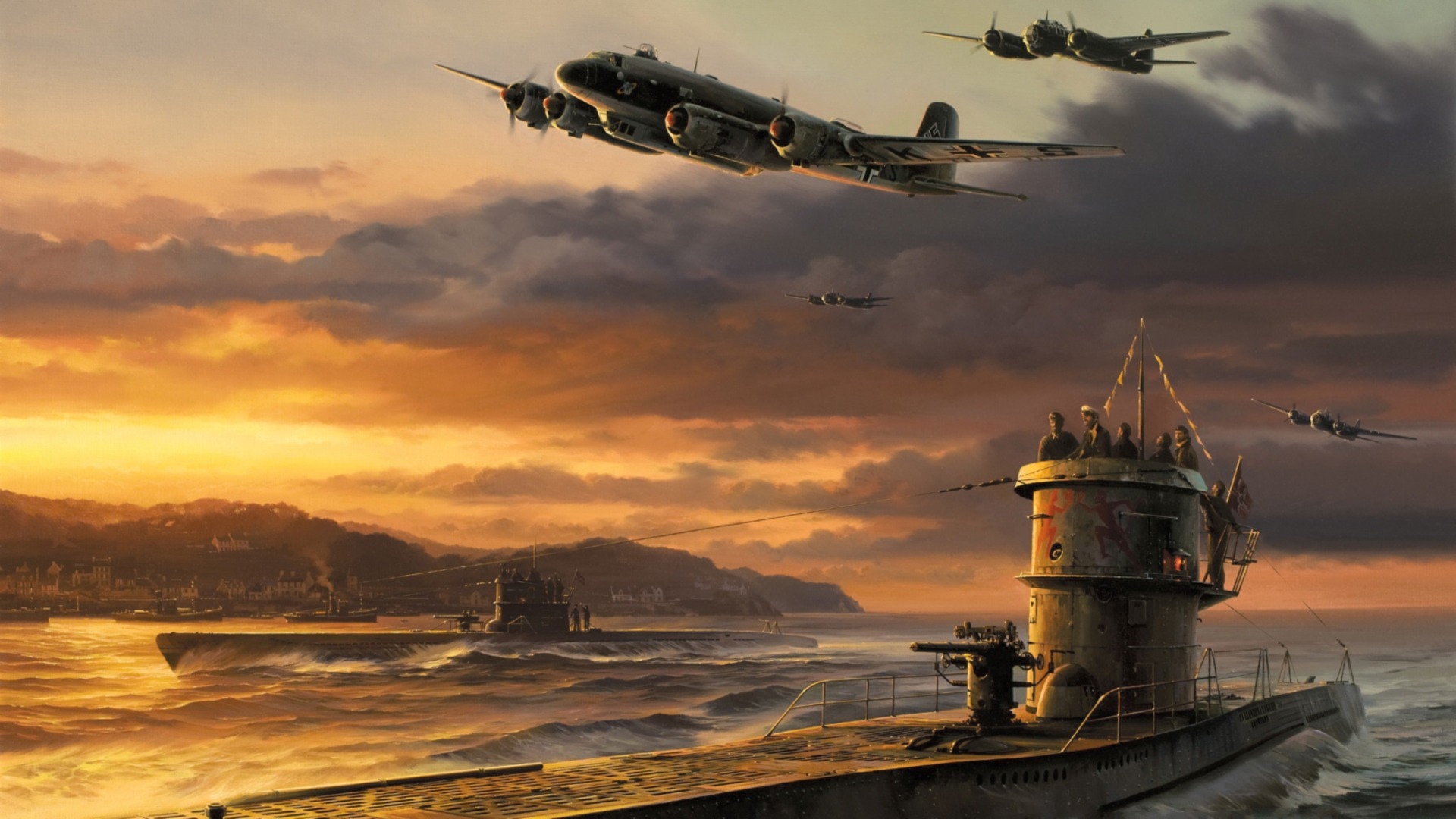 German U-Boats and Focke-Wulf 200 Condor aircraft at sunset HD Wallpaper