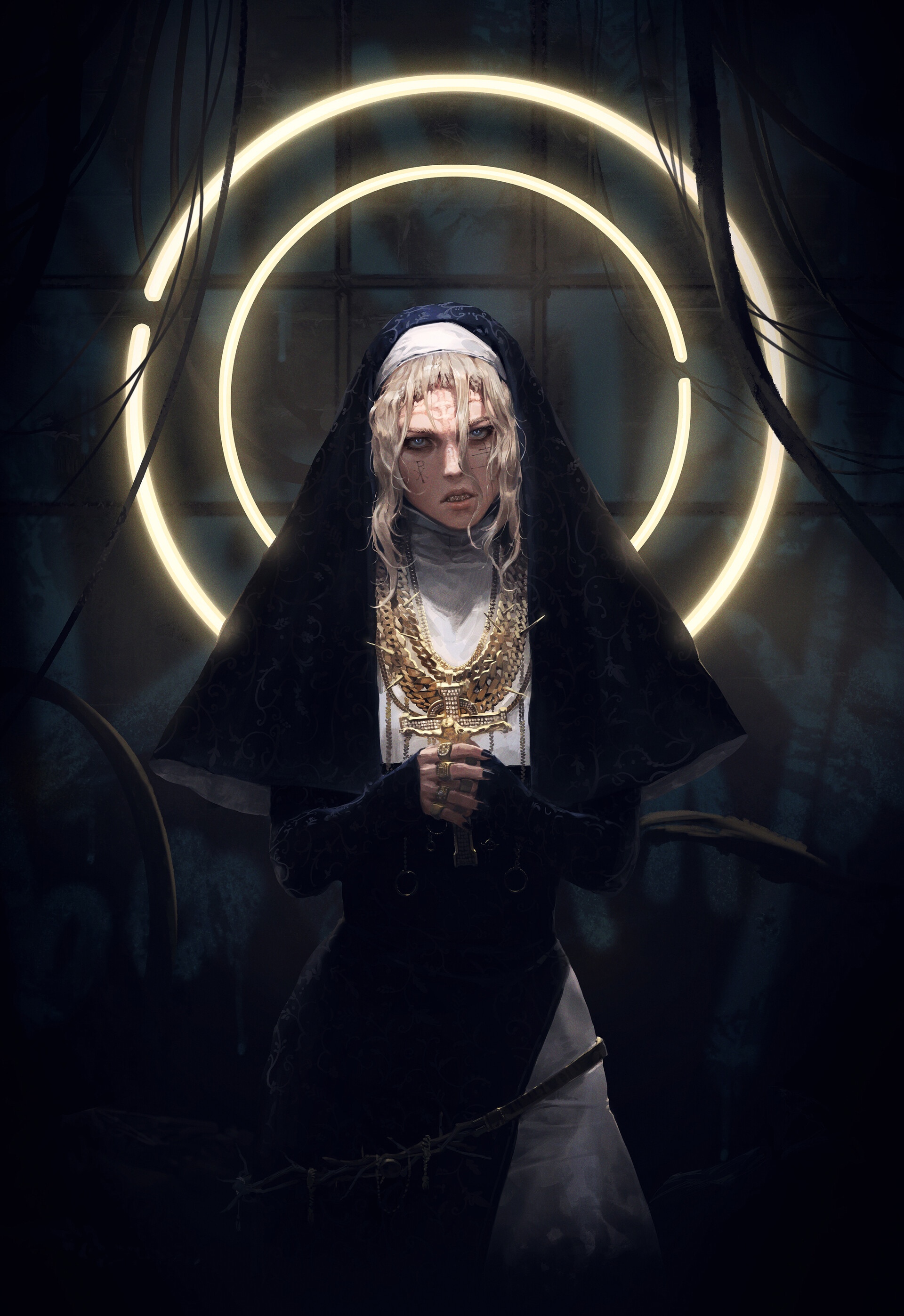 Angry nun with blonde hair and golden cross HD Phone Wallpaper