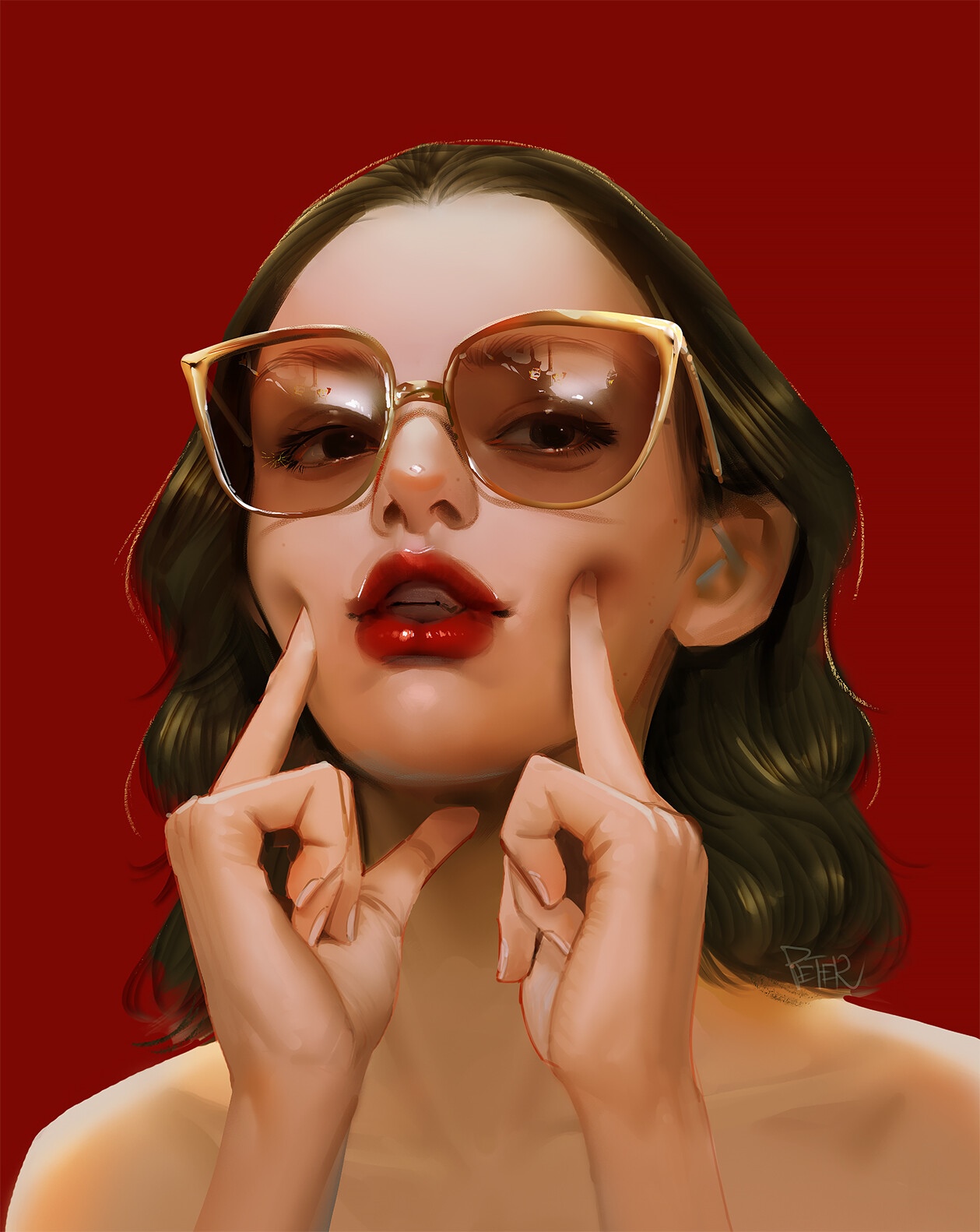 Woman with large sunglasses and red lipstick HD Phone Wallpaper