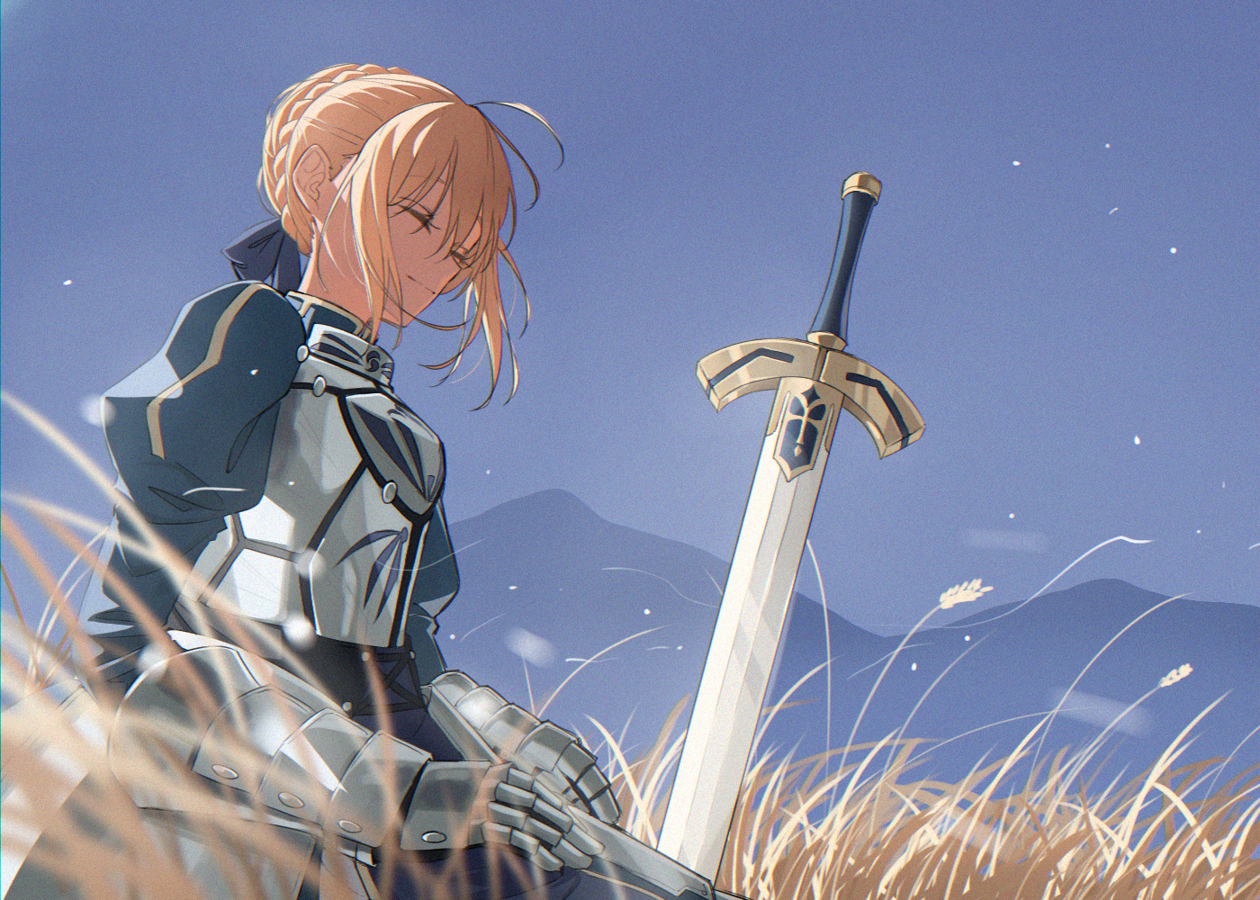 Artoria Pendragon with Excalibur in a field HD Wallpaper