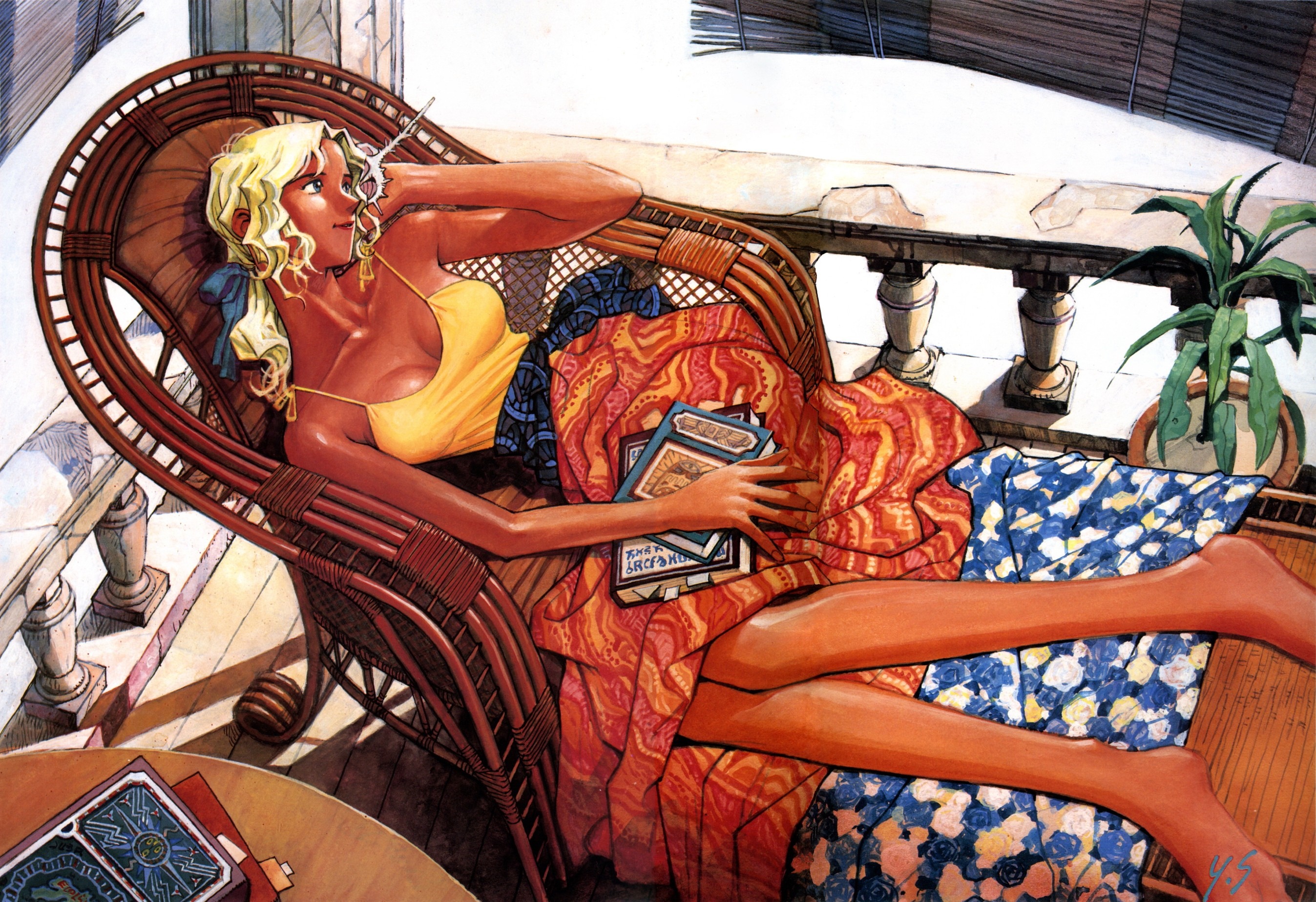 Electra relaxing on a wicker chair with books HD Wallpaper