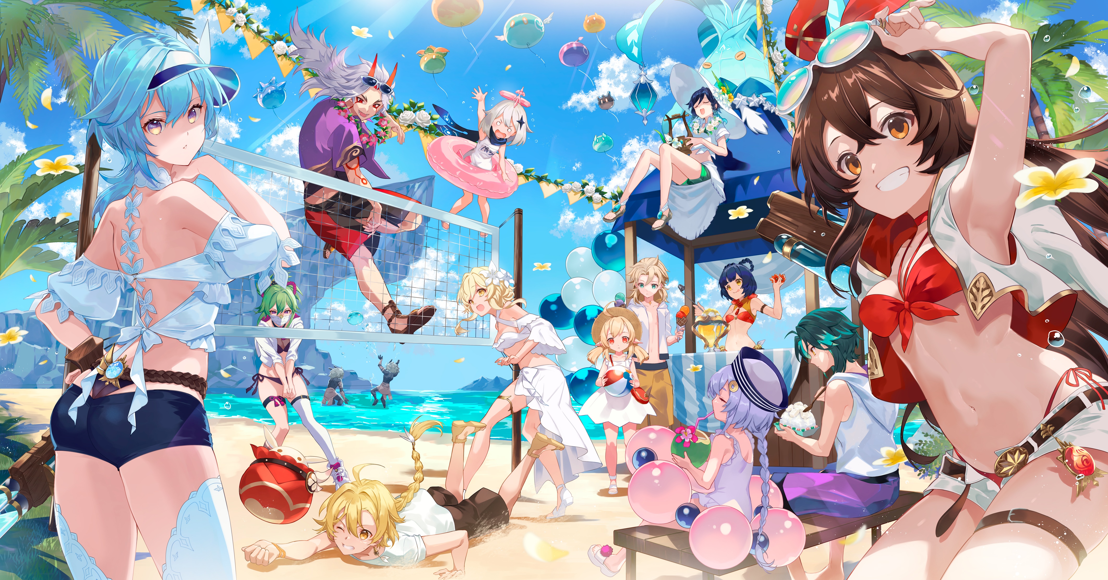 Genshin Impact characters at a beach volleyball game HD Wallpaper