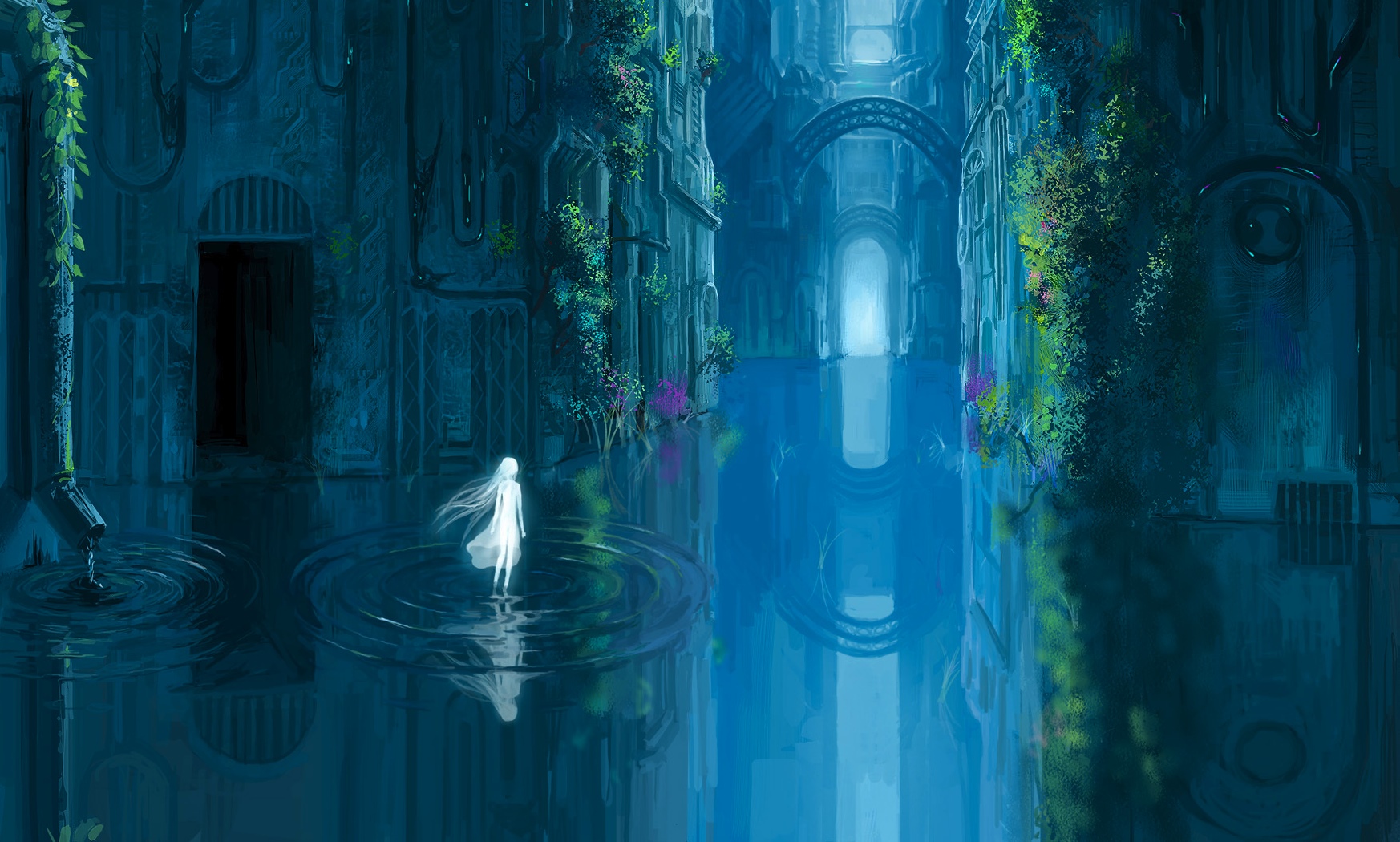 A girl stands in water in a blue, overgrown city HD Wallpaper