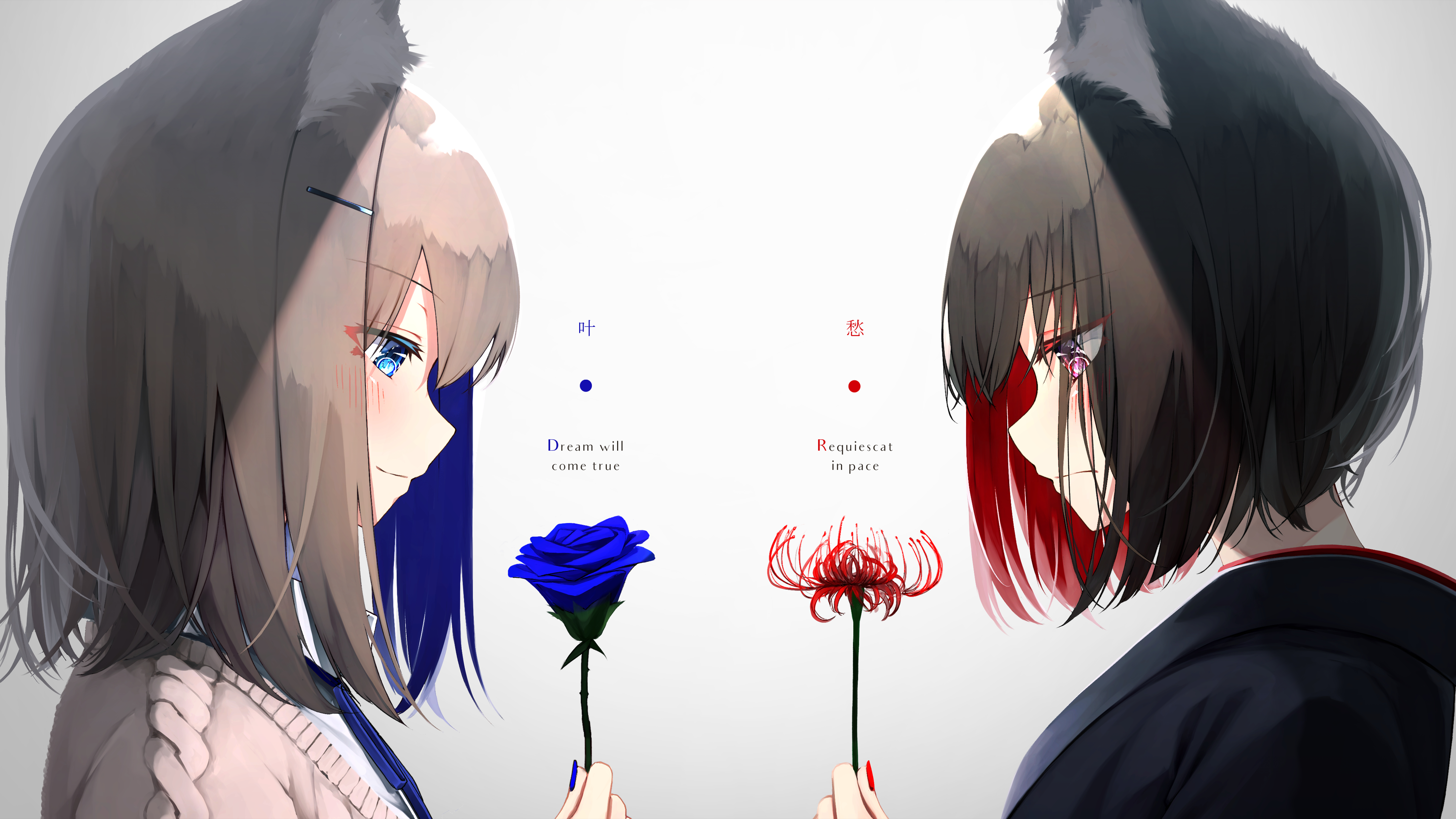 4K anime girls with animal ears holding flowers HD Wallpaper